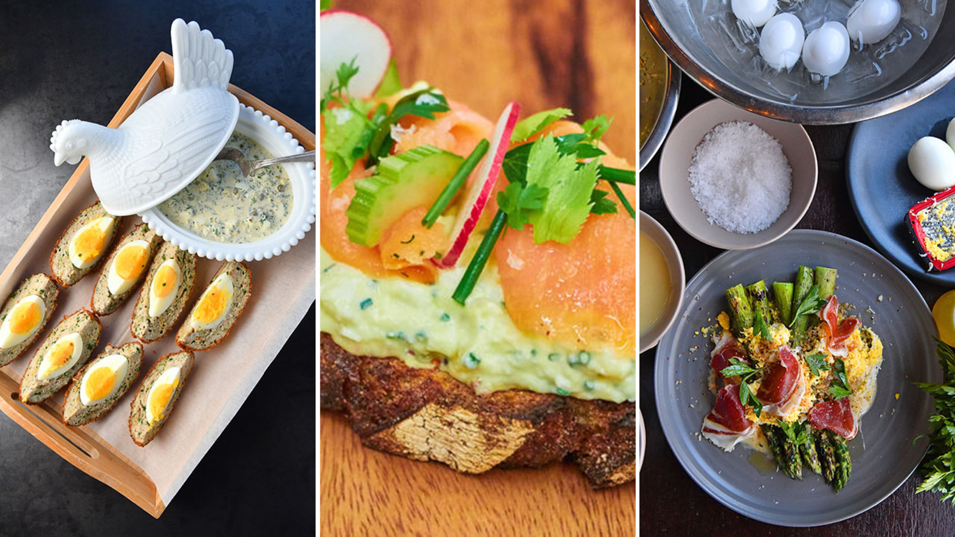 If Easter leaves you with an abundance of hard-boiled eggs, some dishes that can use them include (from left) “Atlanta” Egg with Gribiche sauce, Ole Reliable’s Egg Salad, and Grilled Spring Asparagus, Crumbled Hard-boiled Egg and Jamón Ibérico. (Photos by Chris Hunt and Brandon Amato)