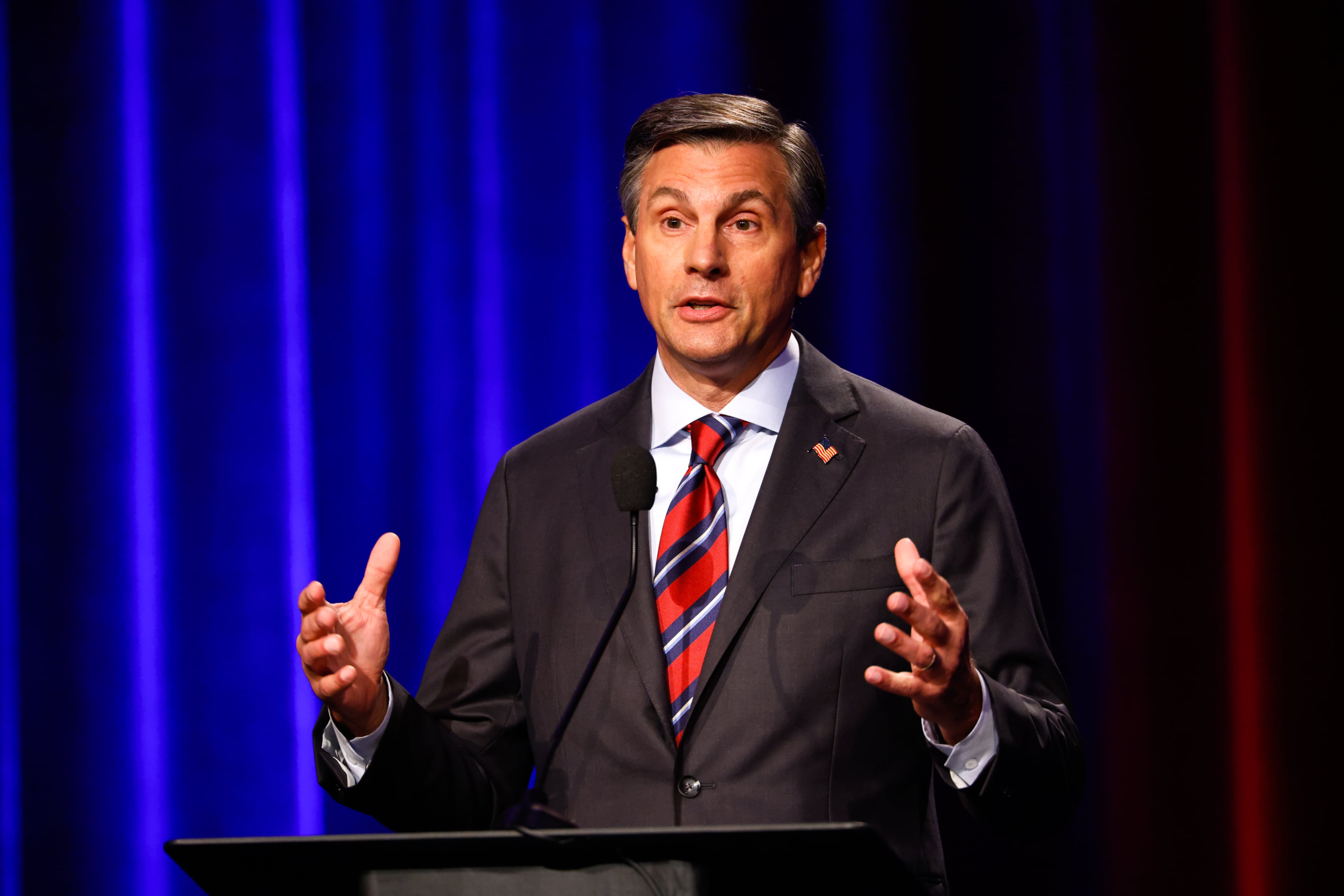 Republican U.S. Senate candidate Derek Dooley speaks at the Atlanta Press Club Loudermilk-Young Debate Series at Georgia Public Broadcasting Sunday. (Arvin Temkar/AJC)