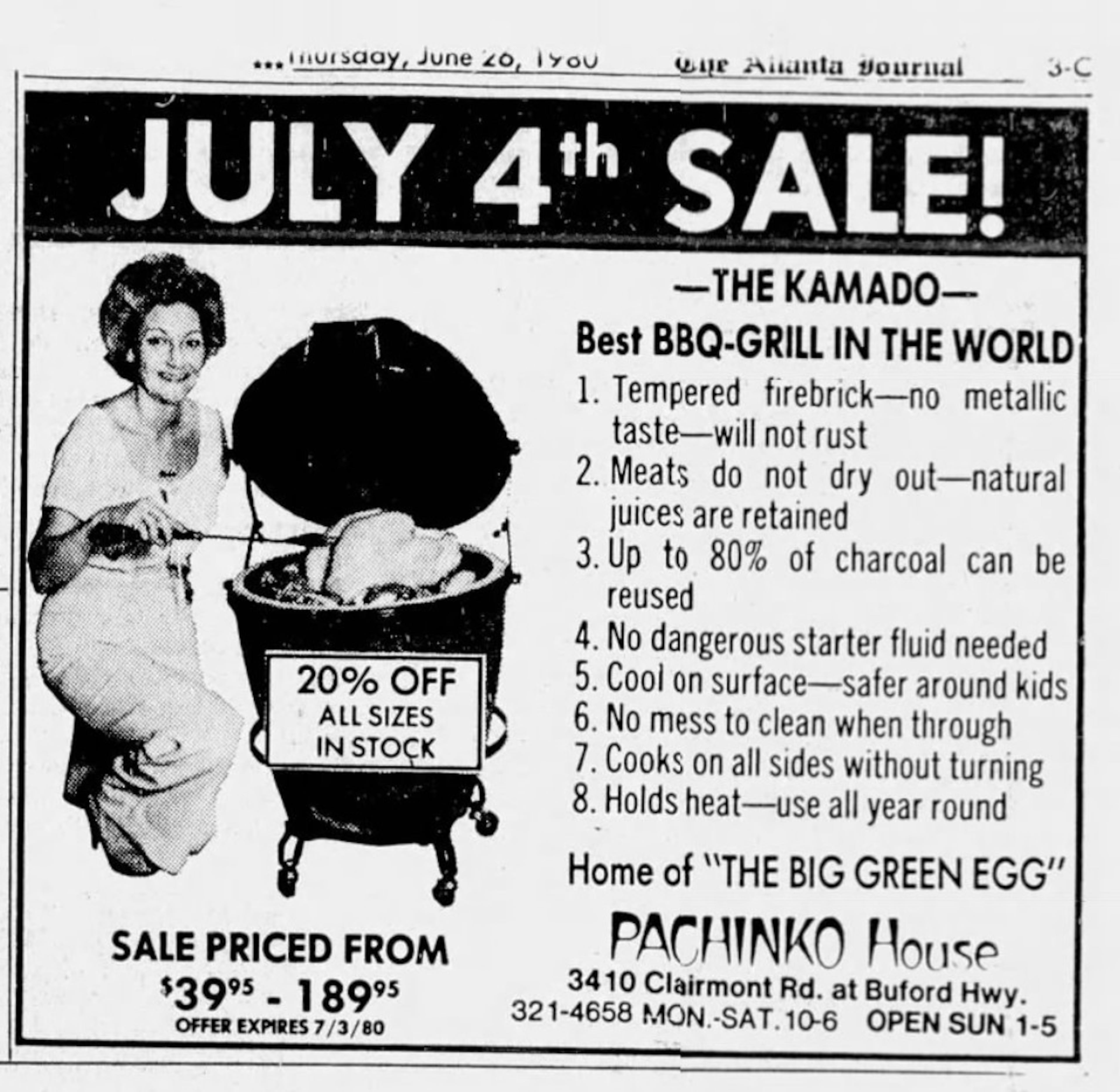 An advertisement in the June 26, 1980, edition of The Atlanta Journal promotes the "Big Green Egg" at founder Ed Fisher's Pachinko House on Buford Highway. The early newspaper ads helped introduce the ceramic cooker's memorable new name to Atlanta readers. (AJC file)