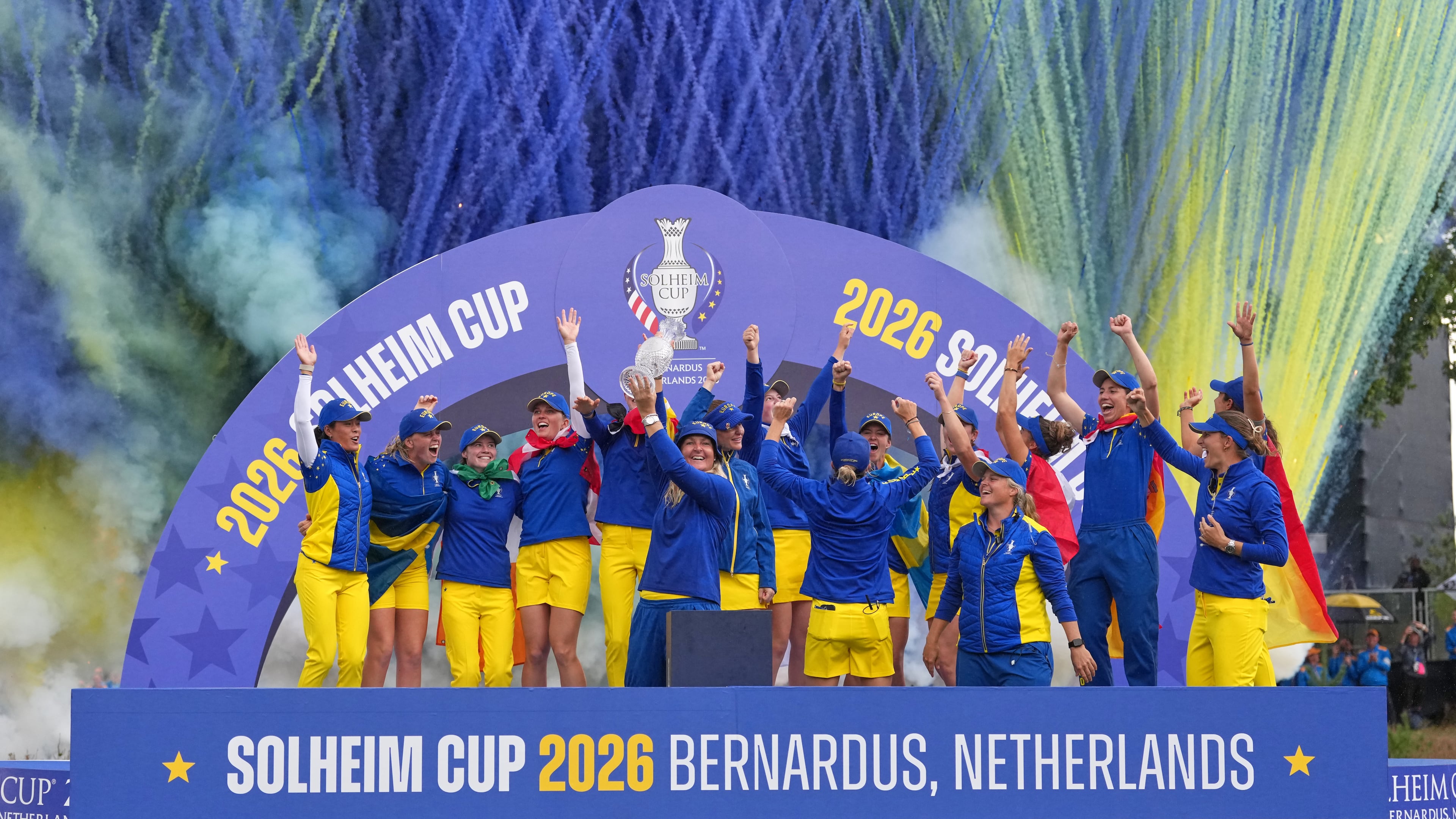Anna Nordqvist Europe team captain holds the trophy aloft after her team won the Solheim Cup in Den Bosch, Netherlands, Sunday, Sept. 13, 2026. (AP Photo/Alastair Grant)