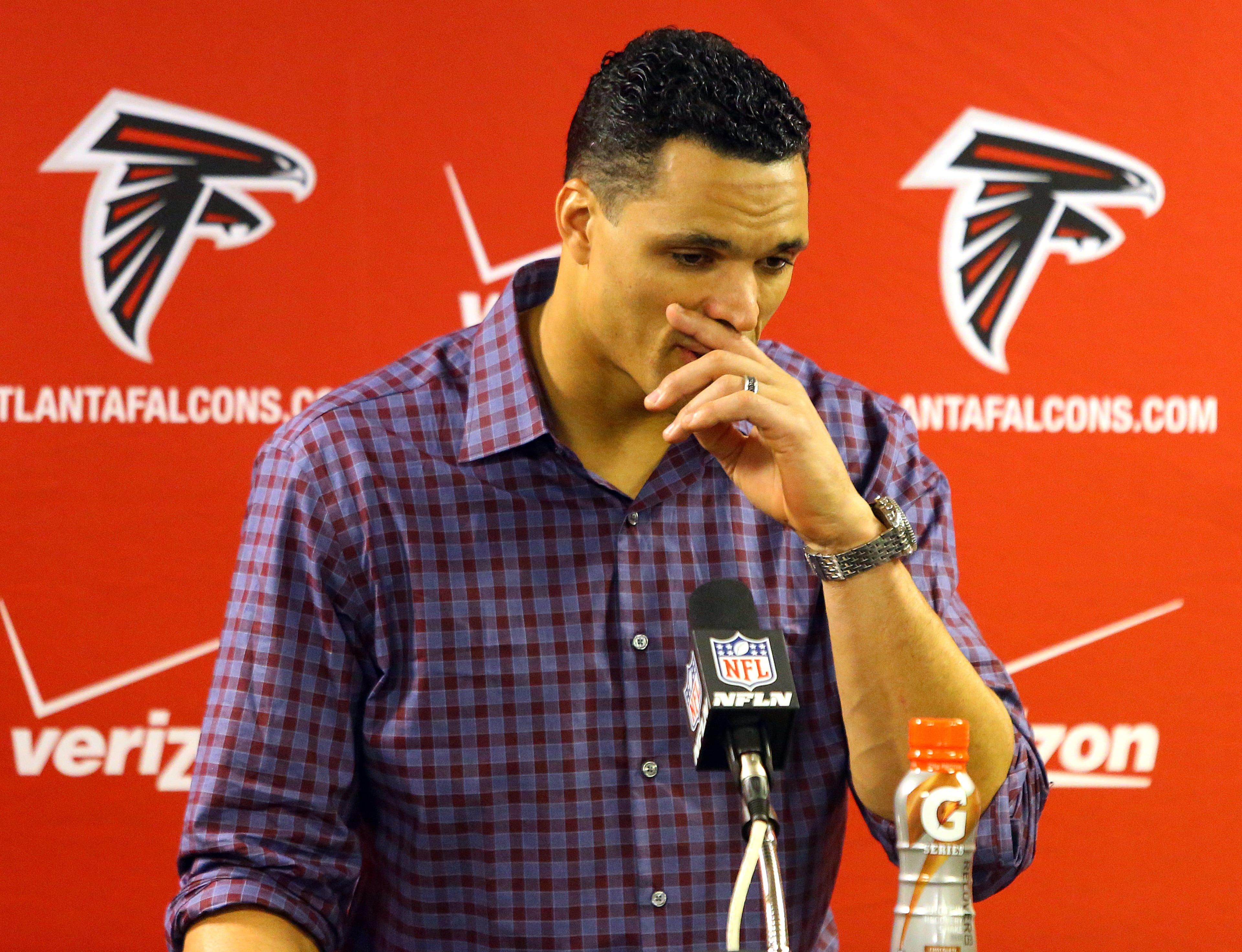 Falcons tight end Tony Gonzalez addresses the media in a post game news conference following the final game of his 17-year NFL career against the Panthers on Sunday, Dec. 29, 2013, in Atlanta. CURTIS COMPTON / CCOMPTON@AJC.COM