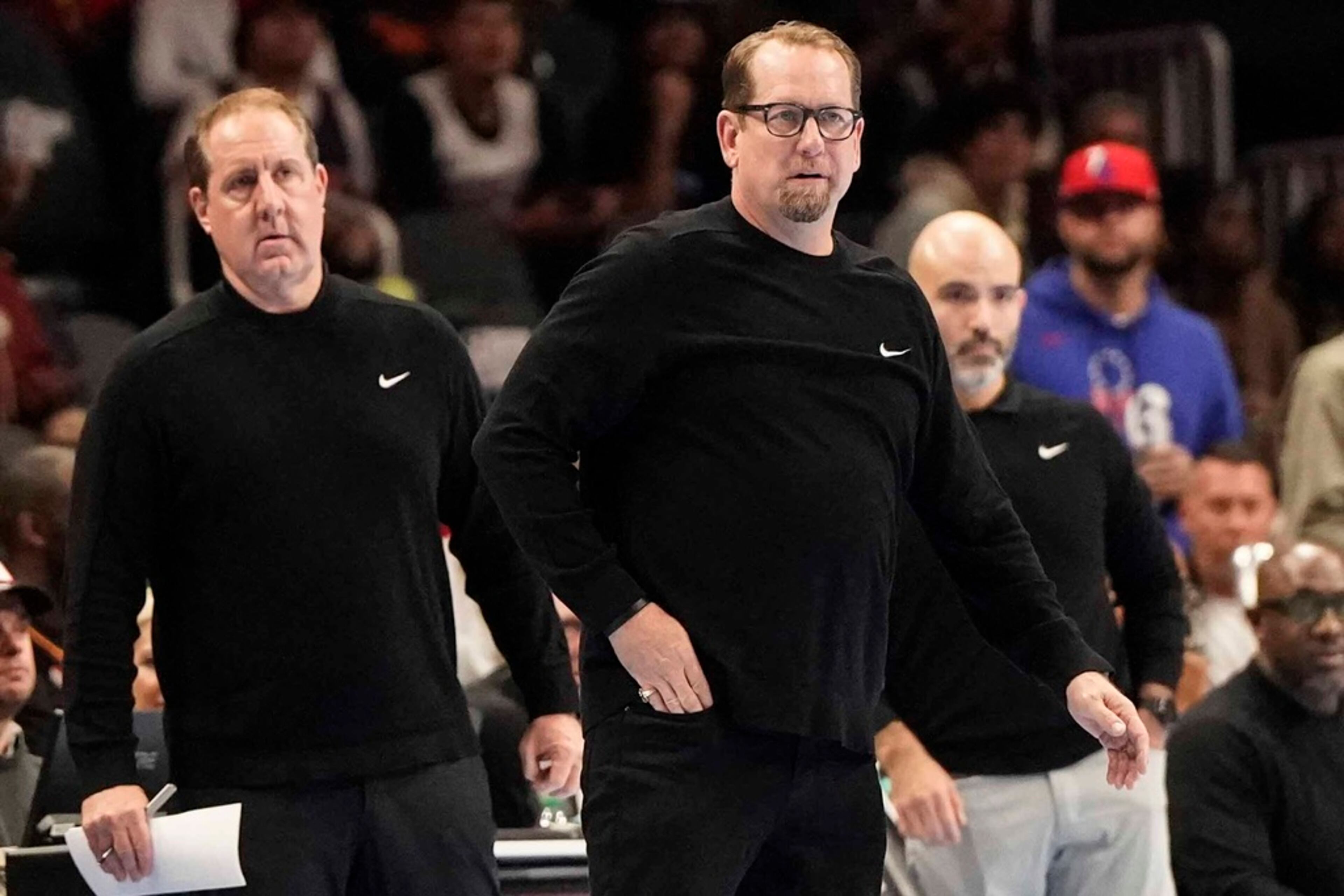 Philadelphia 76ers head coach Nick Nurse, center, watches play against the Atlanta Hawks during the first half of an In-Season Tournament NBA basketball game, Friday, Nov. 17, 2023, in Atlanta. (AP Photo/Mike Stewart)