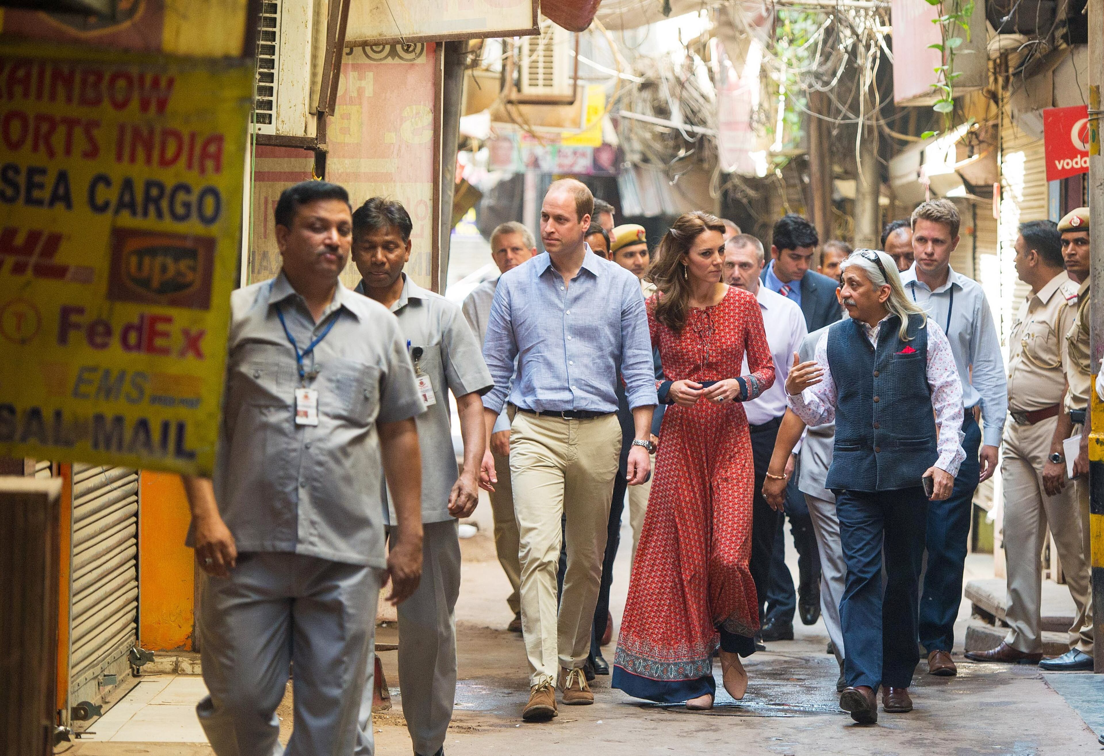 Catherine, Duchess of Cambridge and Prince William, Duke of Cambridge arrive for a visit to a contact centre run by the charity Salaam Baalak, which provides emergency help and long term support to homeless children at New Delhi railway station on April 12, 2016 in New Dehli, India. The Duke and Duchess of Cambridge are on a week-long tour of India and Bhutan taking in Mumbai, Delhi, Assam, Bhutan and Agra. (Photo by Dominic Lipinski - Pool/Getty Images)