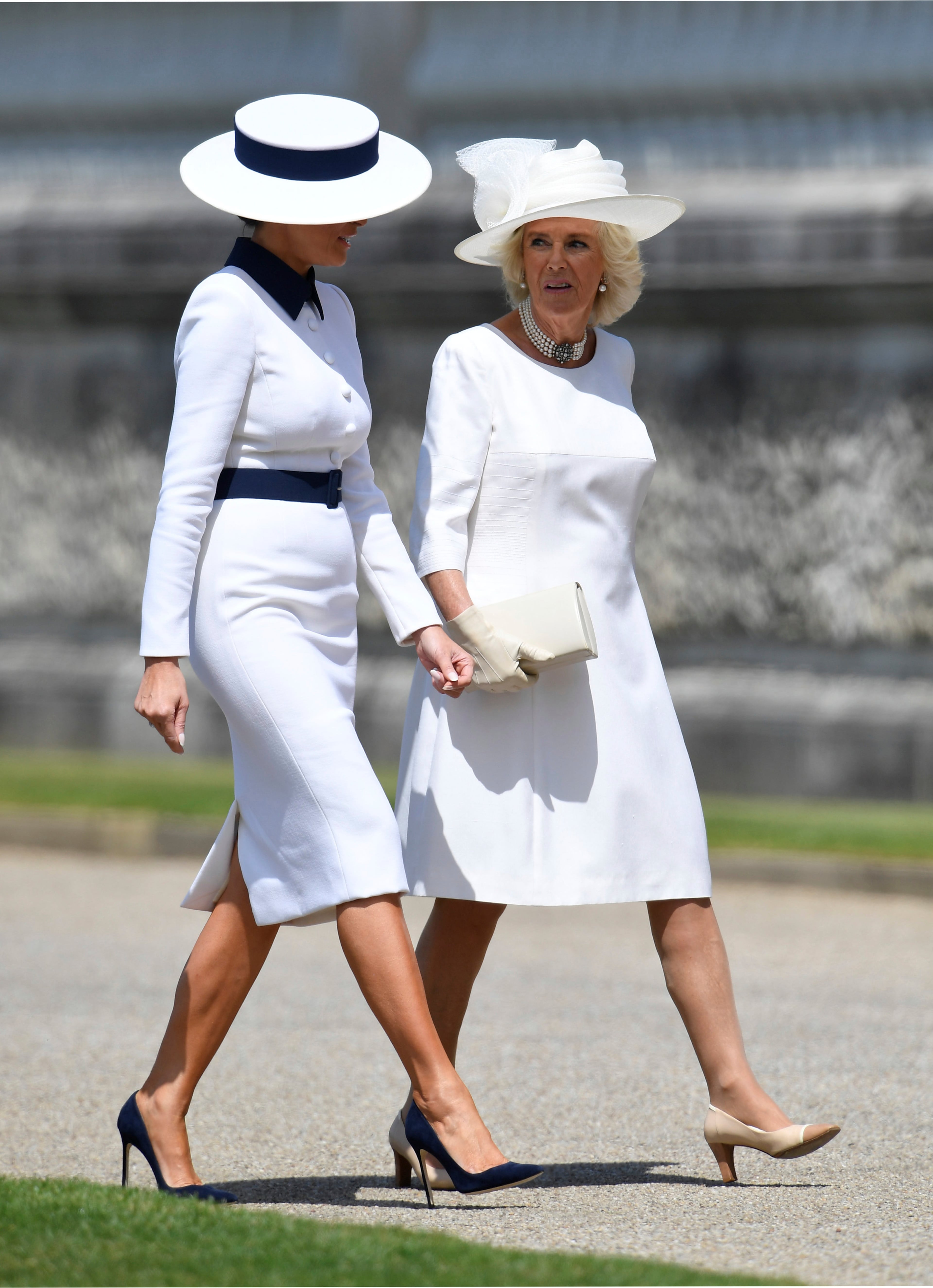 Britain's Camilla, Duchess of Cornwall, right, meets U.S. First Lady Melania Trump after they arrived at Buckingham Palace, in London, Monday, June 3, 2019. Trump is on a three-day state visit to Britain. (Toby Melville/Pool Photo via AP)