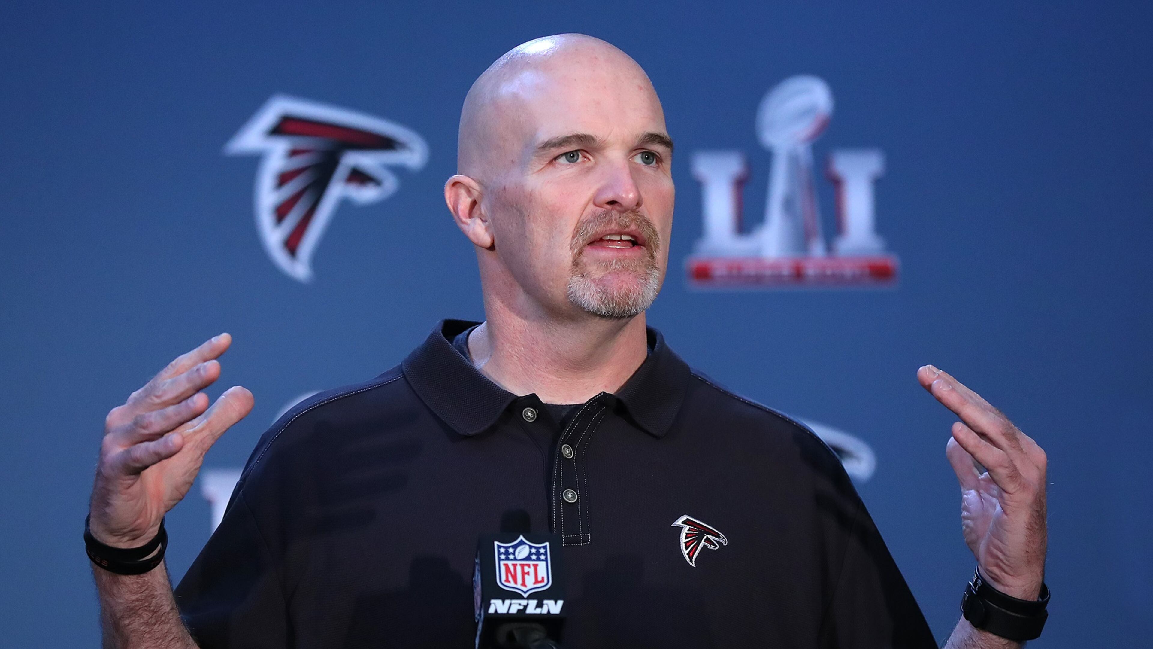 February 1, 2017, Houston: Falcons head coach Dan Quinn holds his press conference during Super Bowl media availability on Wednesday, Feb. 1, 2017, at the Memorial City Mall ice arena in Houston. Curtis Compton/ccompton@ajc.com