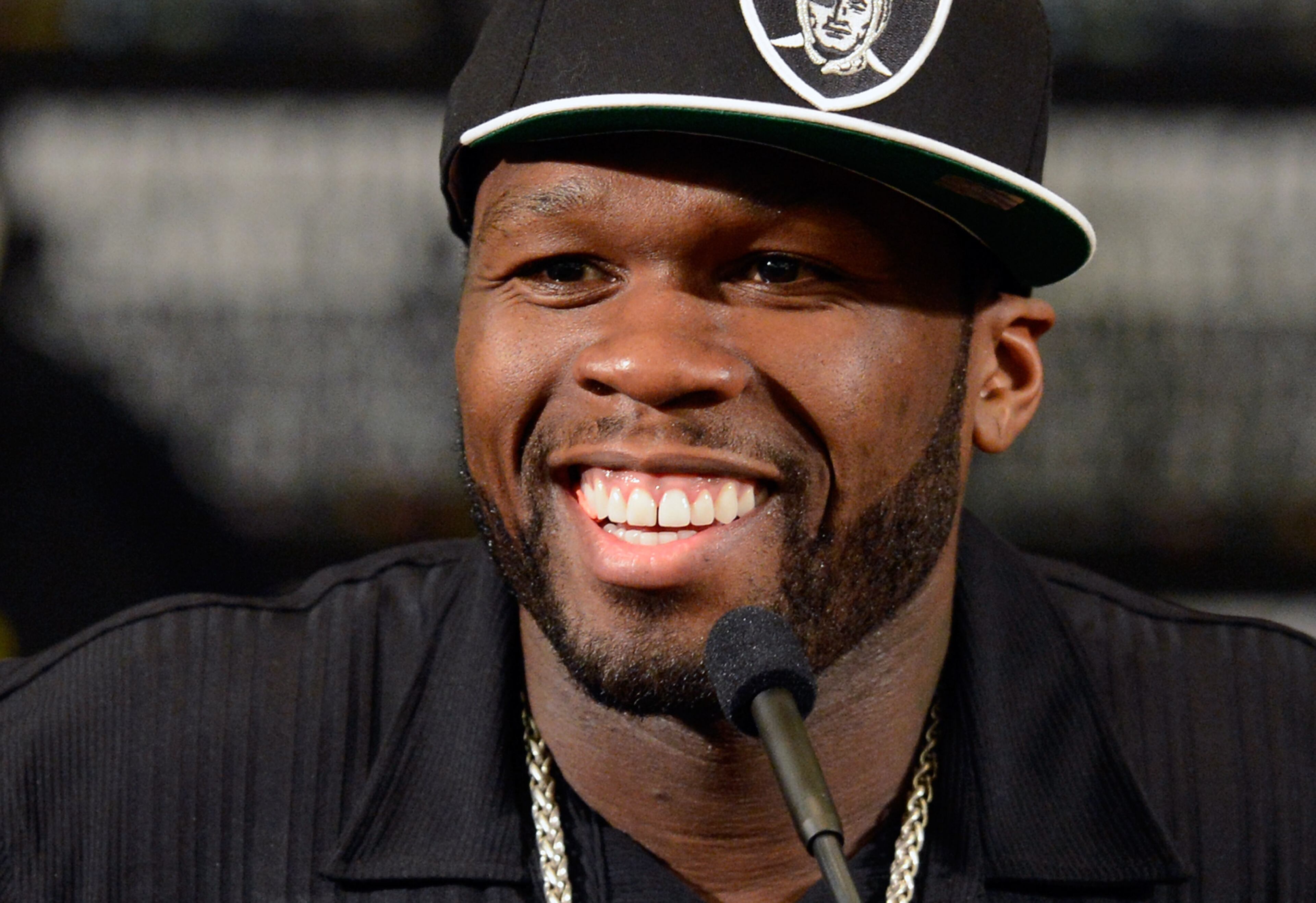 Rapper Curtis "50 Cent" Jackson speaks during a news conference after Floyd Mayweather Jr.'s unanimous decision victory against Miguel Cotto in their WBA super welterweight title fight at the MGM Grand Garden Arena on May 5, 2012, in Las Vegas.
