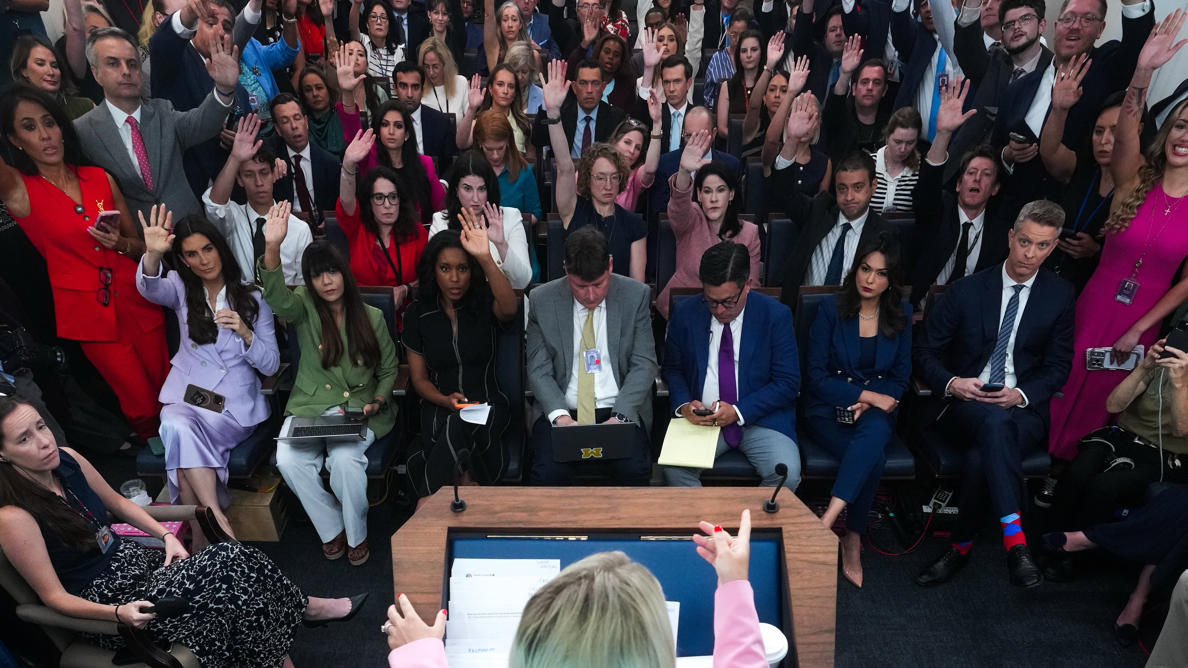 FILE - White House press secretary Karoline Leavitt speaks with reporters in the James Brady Press Briefing Room at the White House, July 16, 2026, in Washington. (AP Photo/Julia Demaree Nikhinson, File)