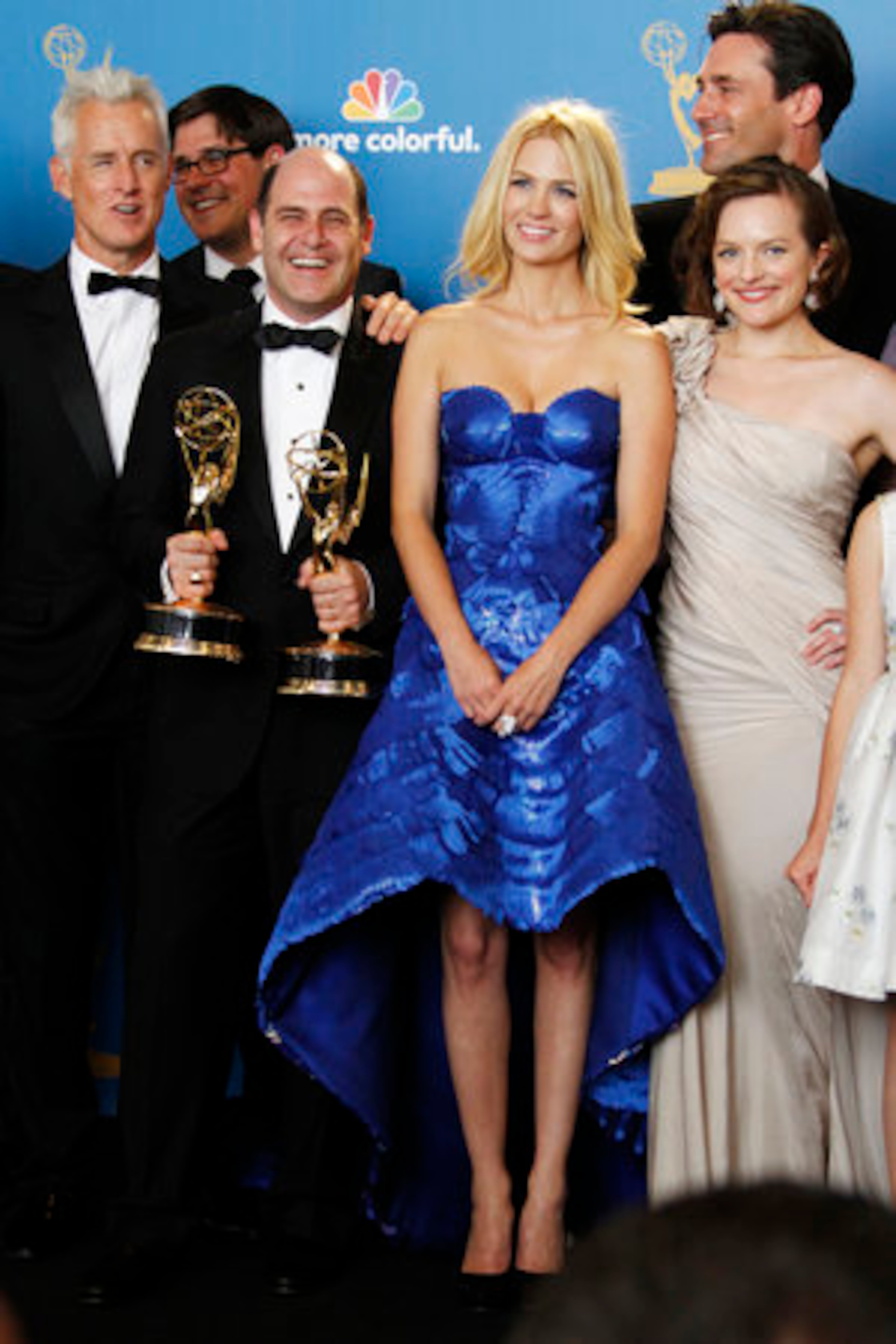 Cast members of "Mad Men," John Slattery, Matthew Weiner, January Jones, Jon Hamm, Elizabeth Moss are shown after winning for best drama series at the 62nd Annual Primetime Emmy Awards Show on Sunday, August 29, 2010.