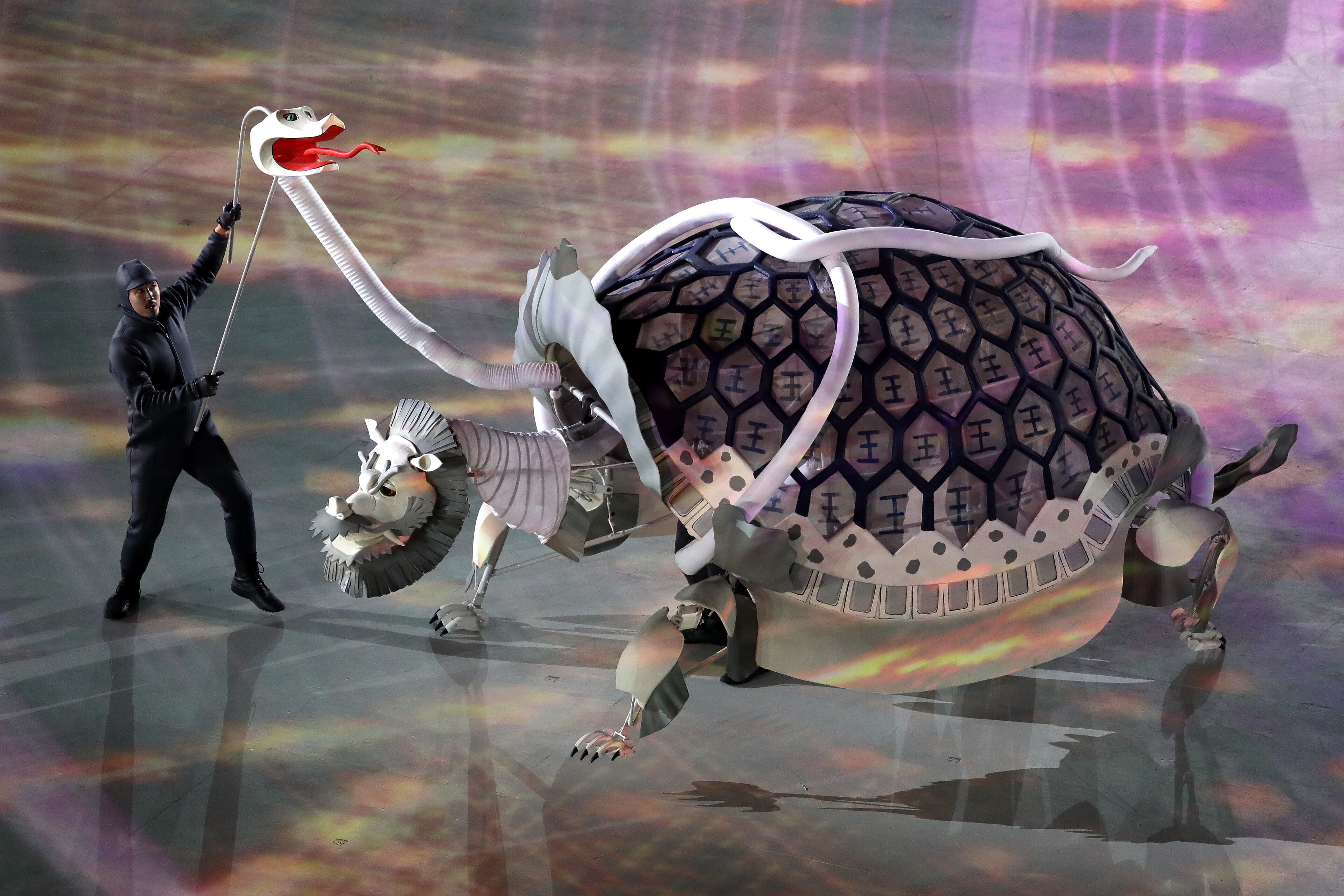 PYEONGCHANG-GUN, SOUTH KOREA - FEBRUARY 09: Performers entertain the crowd during the Opening Ceremony of the PyeongChang 2018 Winter Olympic Games at PyeongChang Olympic Stadium on February 9, 2018 in Pyeongchang-gun, South Korea. (Photo by Richard Heathcote/Getty Images)