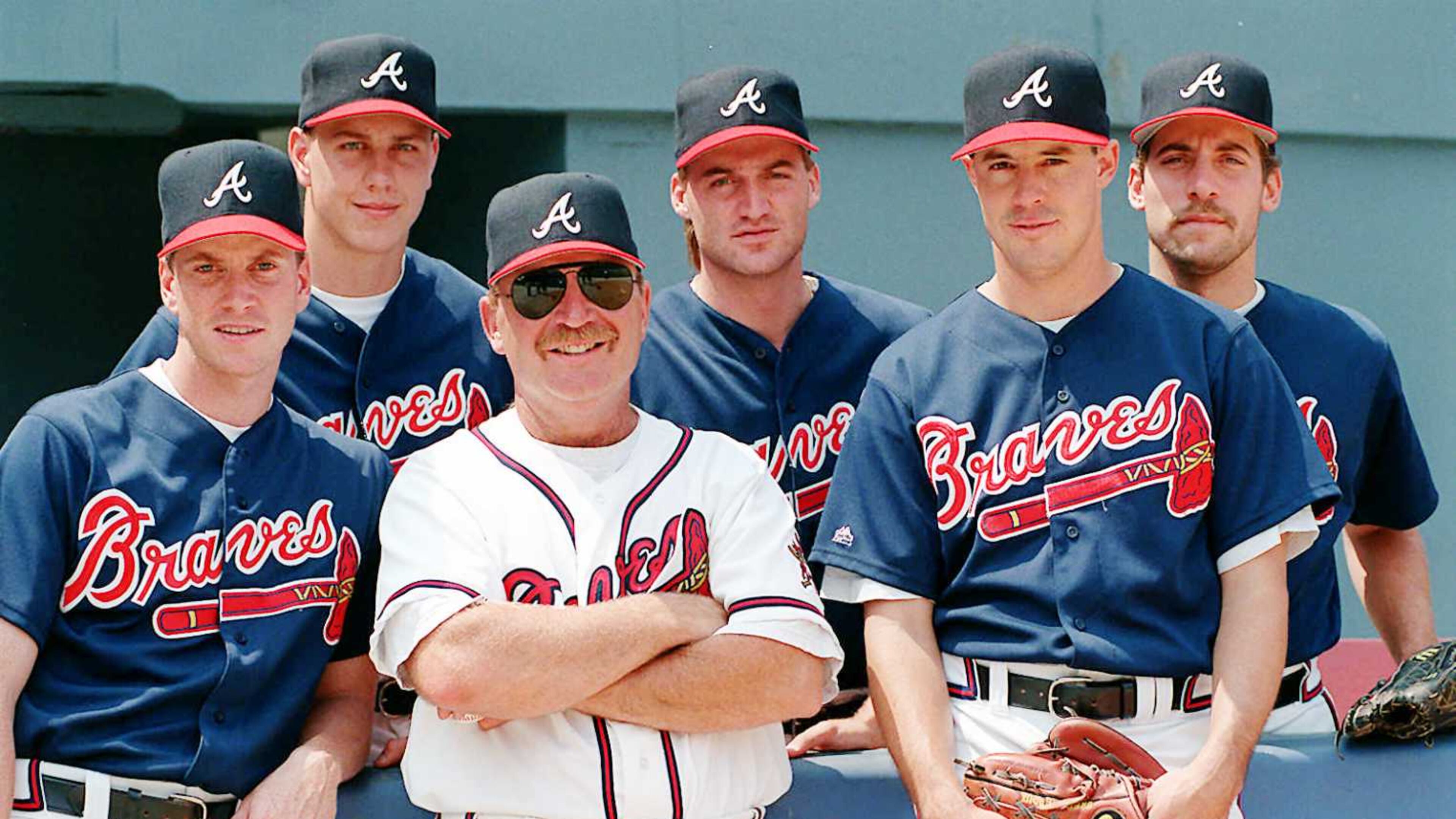 Those were the days, 1990s edition: Braves pitching coach Leo Mazzone is surrounded by , from left to right, Tom Glavine, Steve Avery, Kent Mercker, Greg Maddux and John Smoltz. (AJC file photo/David Tulis)