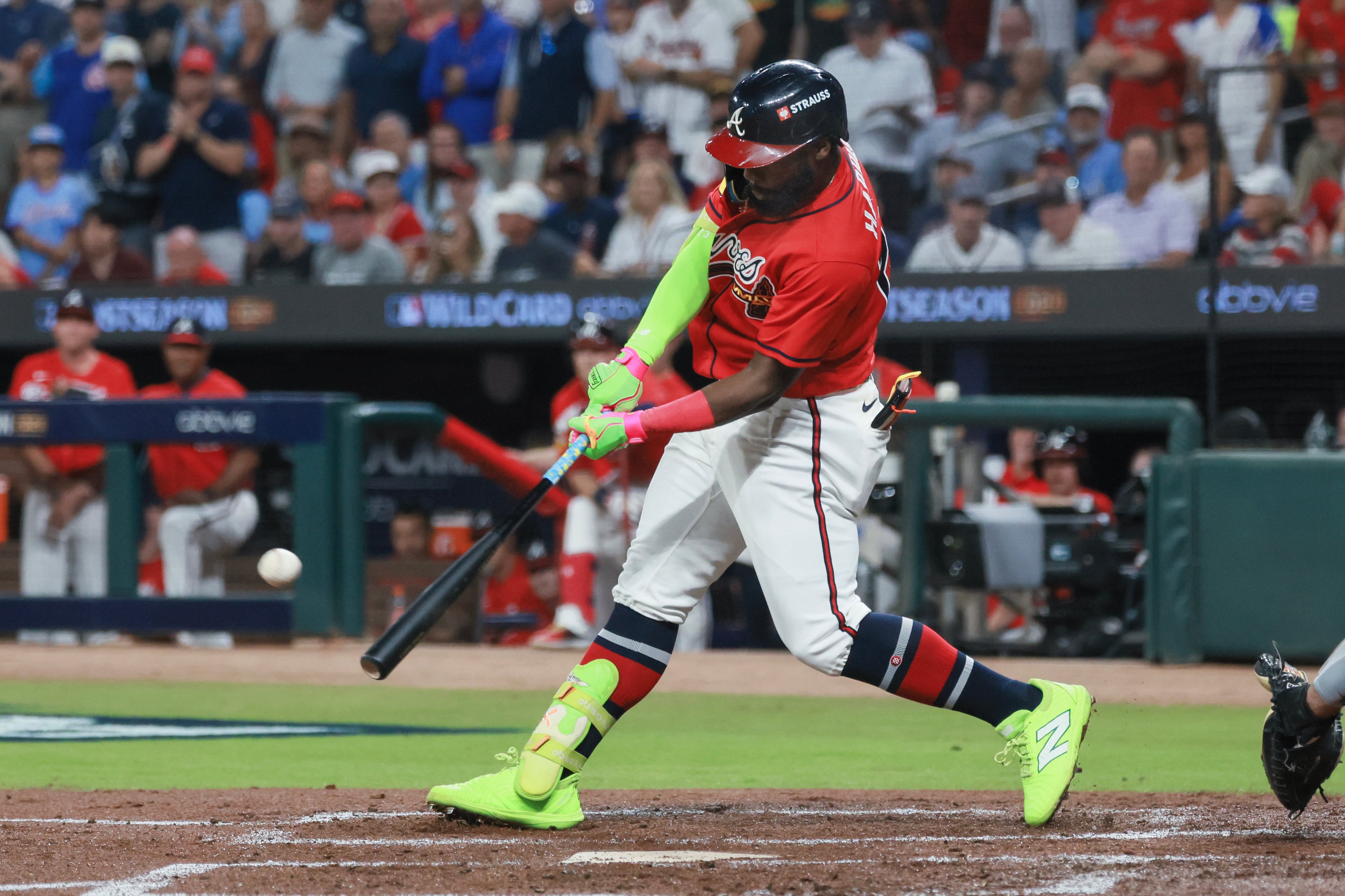 Atlanta BravesÕ Michael Harris II (23) hits a three-run home run against the Philadelphia Phillies during the first inning of Game 3 of a MLB National League Wild Card playoff series between the Atlanta Braves and the Philadelphia Phillies, Thursday, Oct. 1, 2026, in Atlanta. (Jason Getz/AJC)