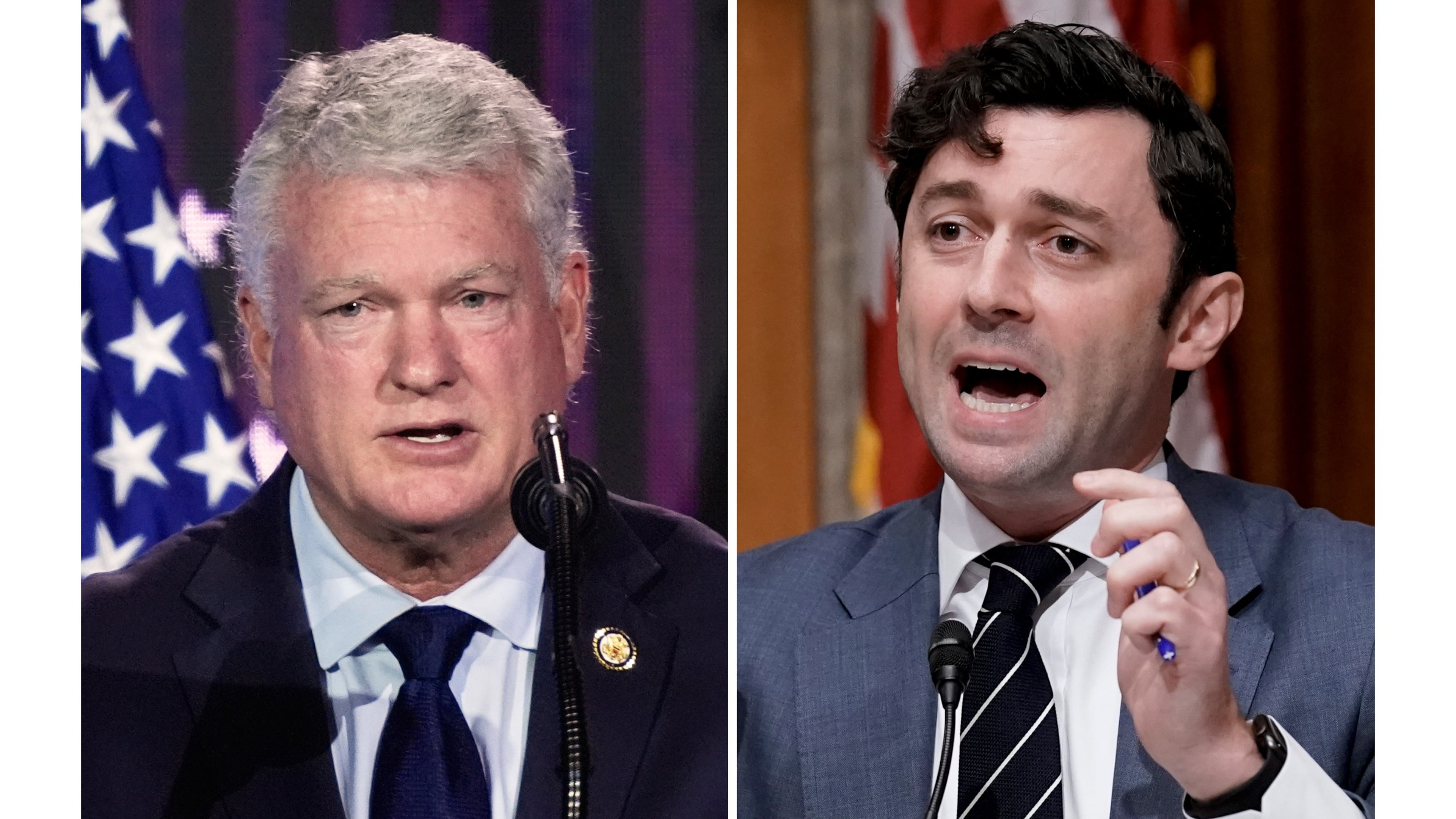 At left, Rep. Mike Collins, R-Ga., speaks June 26, 2026, in Washington, and at right, Sen. Jon Ossoff, D-Ga., speaks in Washington, July 26, 2022. (AP Photo/Manuel Balce Ceneta and J. Scott Applewhite)