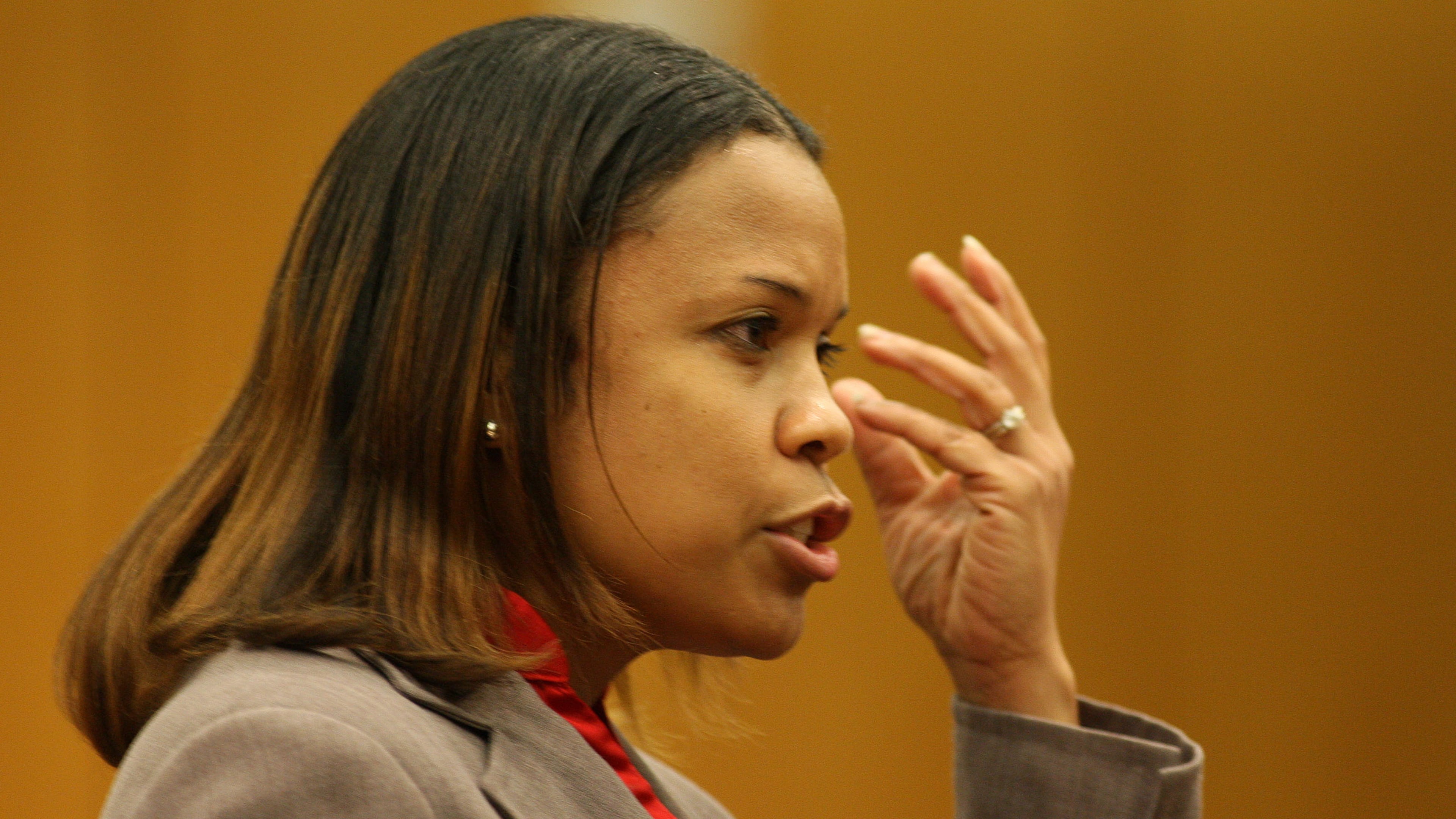 FILE - Fulton County Senior ADA Eleanor Ross speaks during opening statements Wednesday, Feb. 17, 2010 in Atlanta. (Vino Wong/Atlanta Journal-Constitution via AP, File)