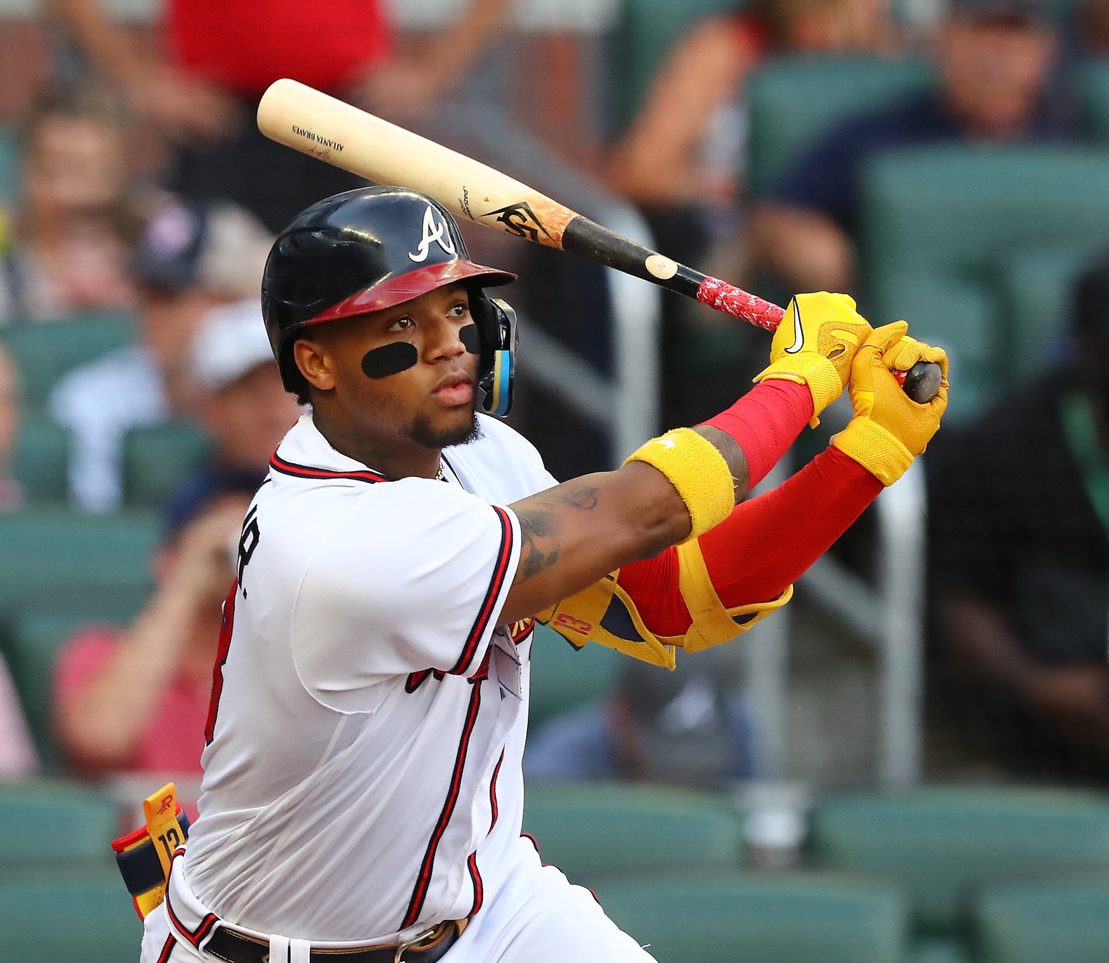 Atlanta Braves outfielder Ronald Acuna hits a lead off single against the San Francisco Giants during the first inning of a MLB baseball game on Tuesday, June 21, 2022, in Atlanta. “Curtis Compton / Curtis.Compton@ajc.com”