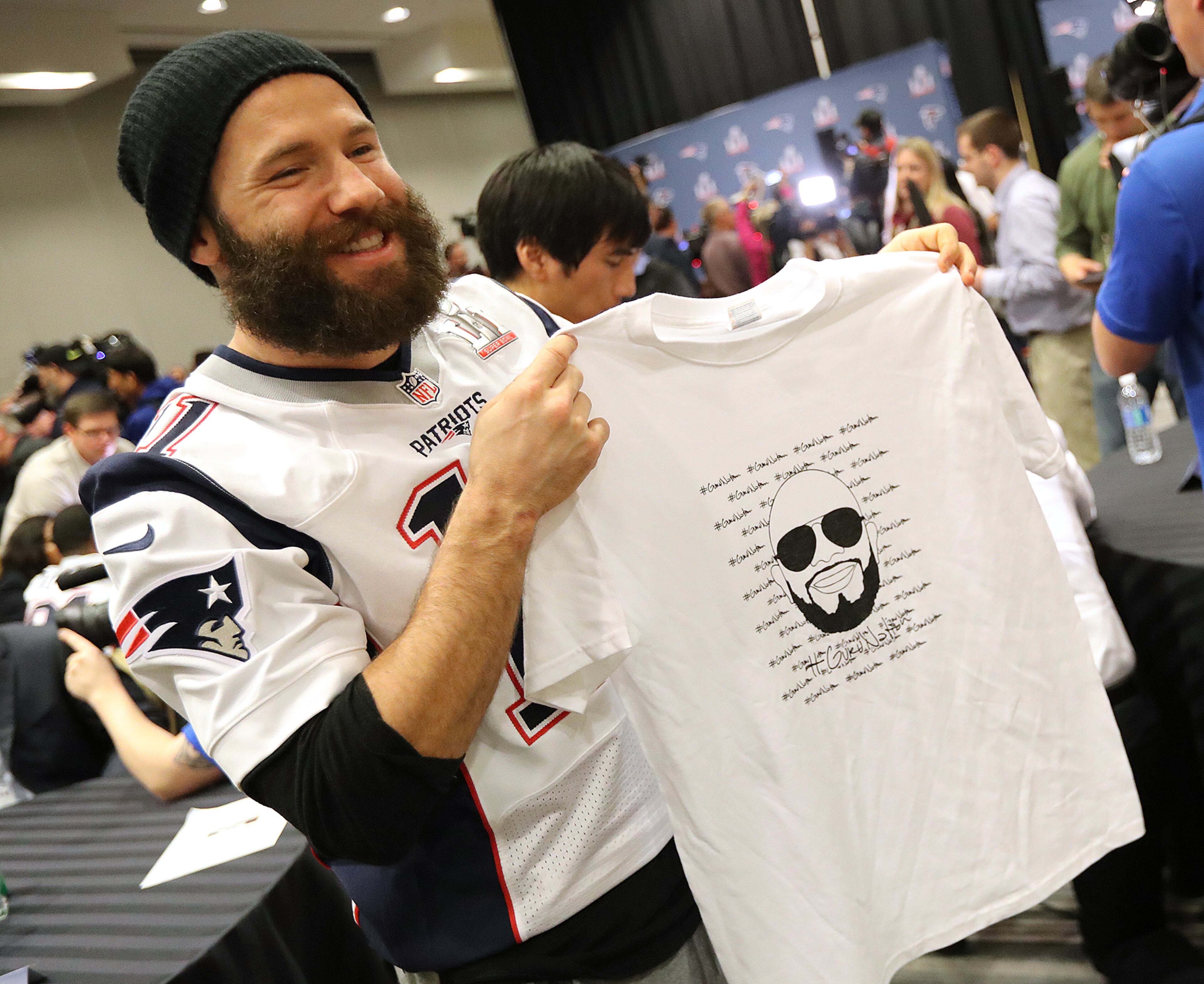 February 1, 2017, Houston: Patriots wide receiver Julian Edelman holds a t-shirt he was given âsaying nothing like a free t-shirtâ during Super Bowl media availability at the JW Marriott Galleria on Wednesday, Feb. 1, 2017, in Houston. Curtis Compton/ccompton@ajc.com