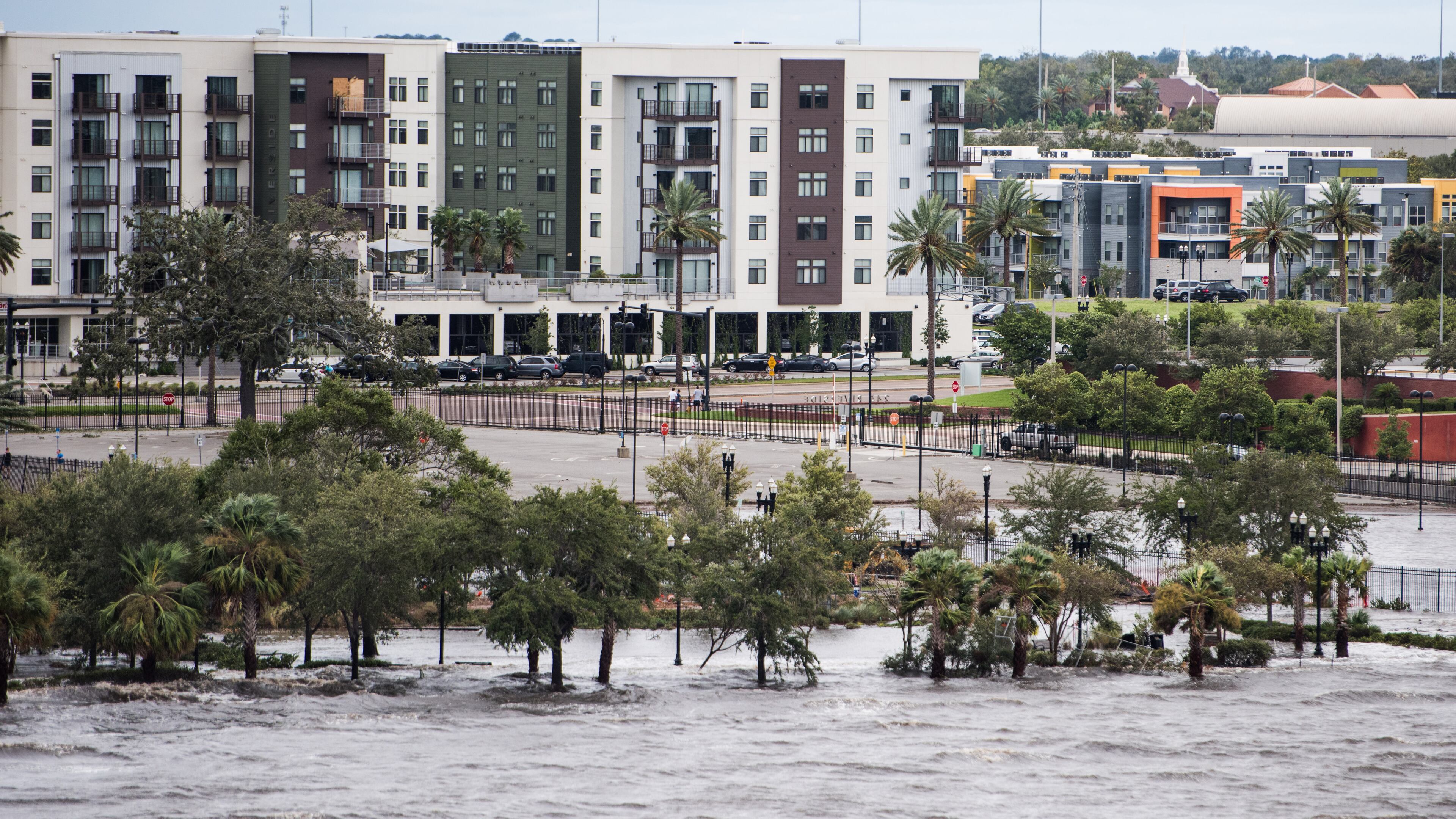 JACKSONVILLE, FL - SEPTEMBER 11: Storm surge flood waters from Hurricane Irma inundate a park on the St. Johns River on Sept. 11, 2017 in Jacksonville, Florida. Flooding in downtown Jacksonville along the river topped a record set during Hurricane Dora in 1965. (Photo by Sean Rayford/Getty Images)