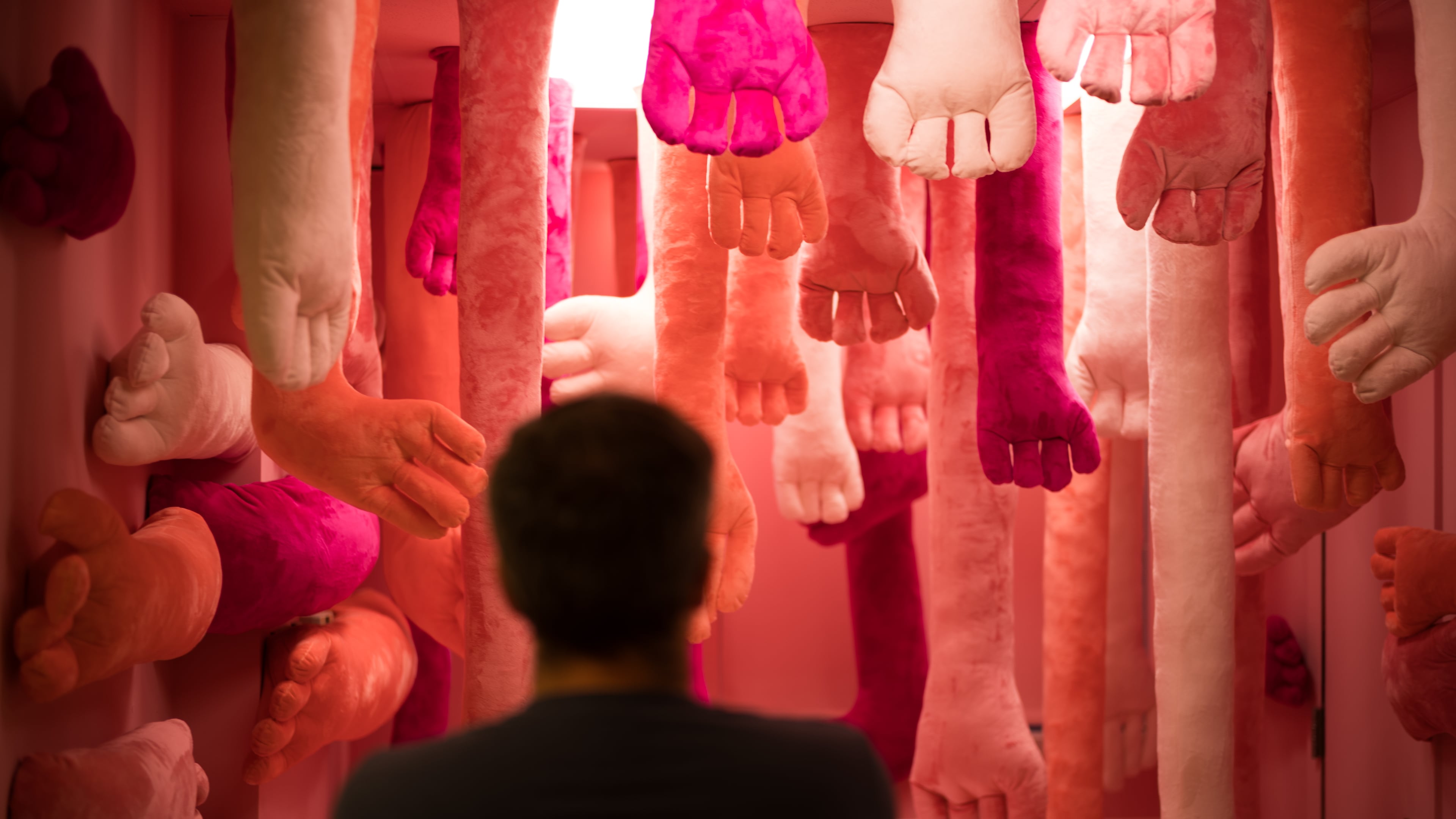 A visitor views an installation by Nathalie Auzepy during the "Hospital of Emotions" exhibition inside a former hospital building in Los Angeles, Wednesday, July 22, 2026. (AP Photo/Jae C. Hong)
