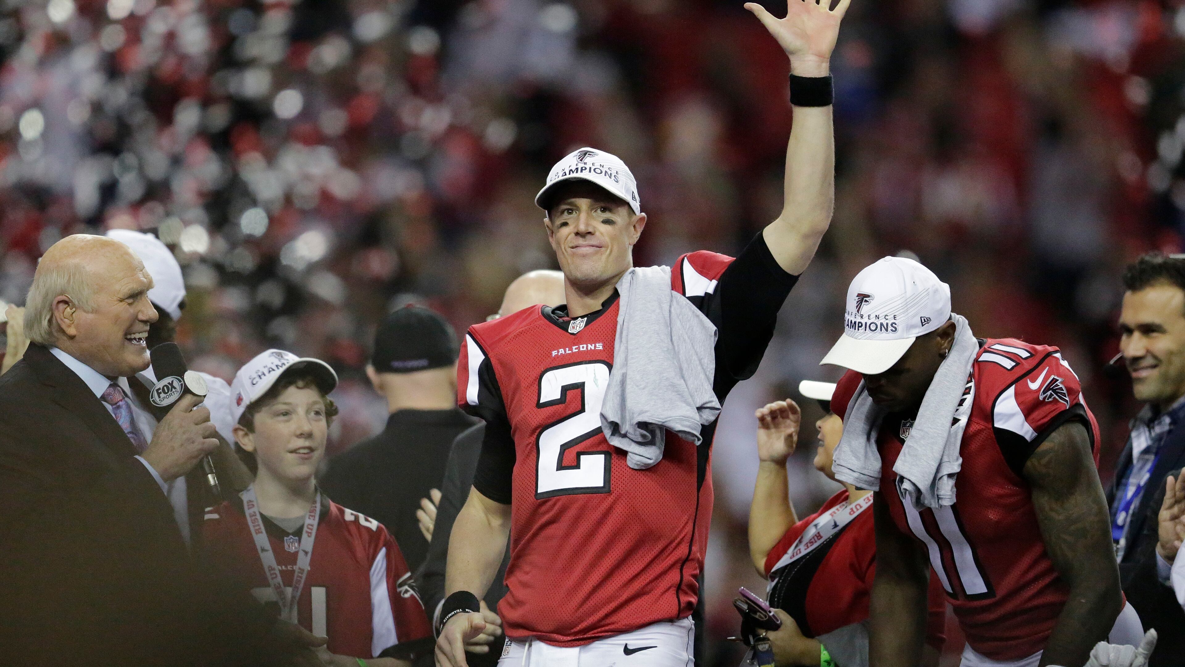 Atlanta Falcons' Matt Ryan celebrates after the NFL football NFC championship game against the Green Bay Packers Sunday, Jan. 22, 2017, in Atlanta. The Falcons won 44-21 to advance to Super Bowl LI. (AP Photo/David Goldman)