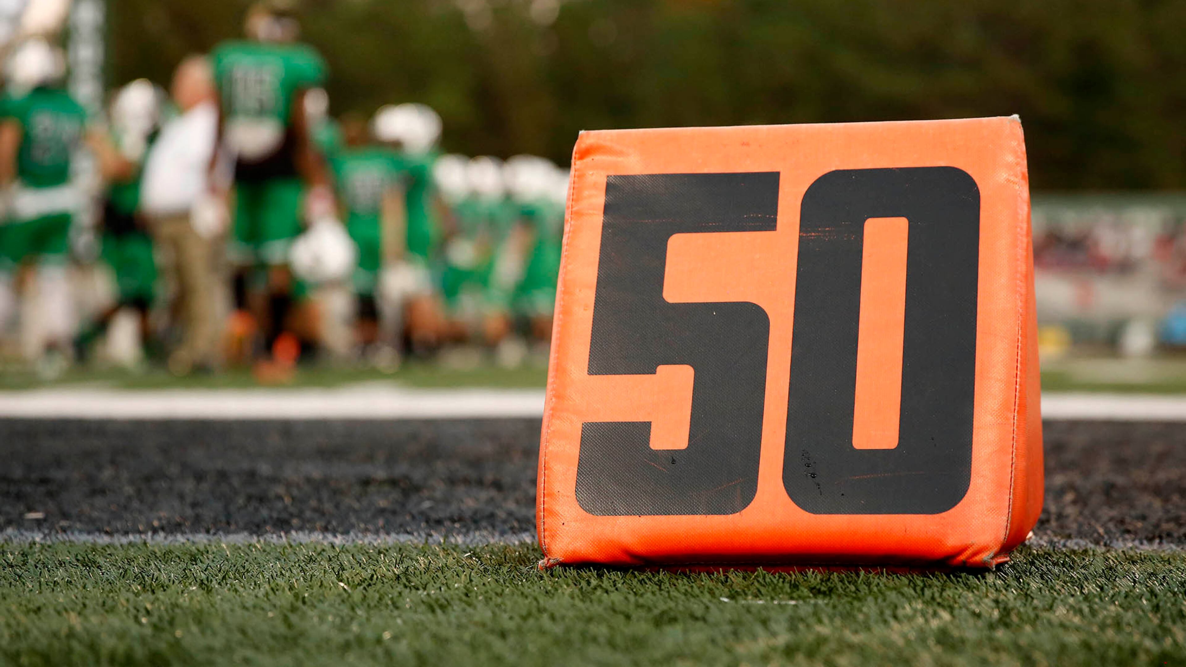 November 4, 2016 - Roswell, Ga: A 50 yard-line marker is shown before the game between Cherokee and No. 1 Roswell at Roswell High School Friday November 4, 2016, in Roswell, Ga. The winner is the Region 4-AAAAAAA champion. PHOTO / JASON GETZ