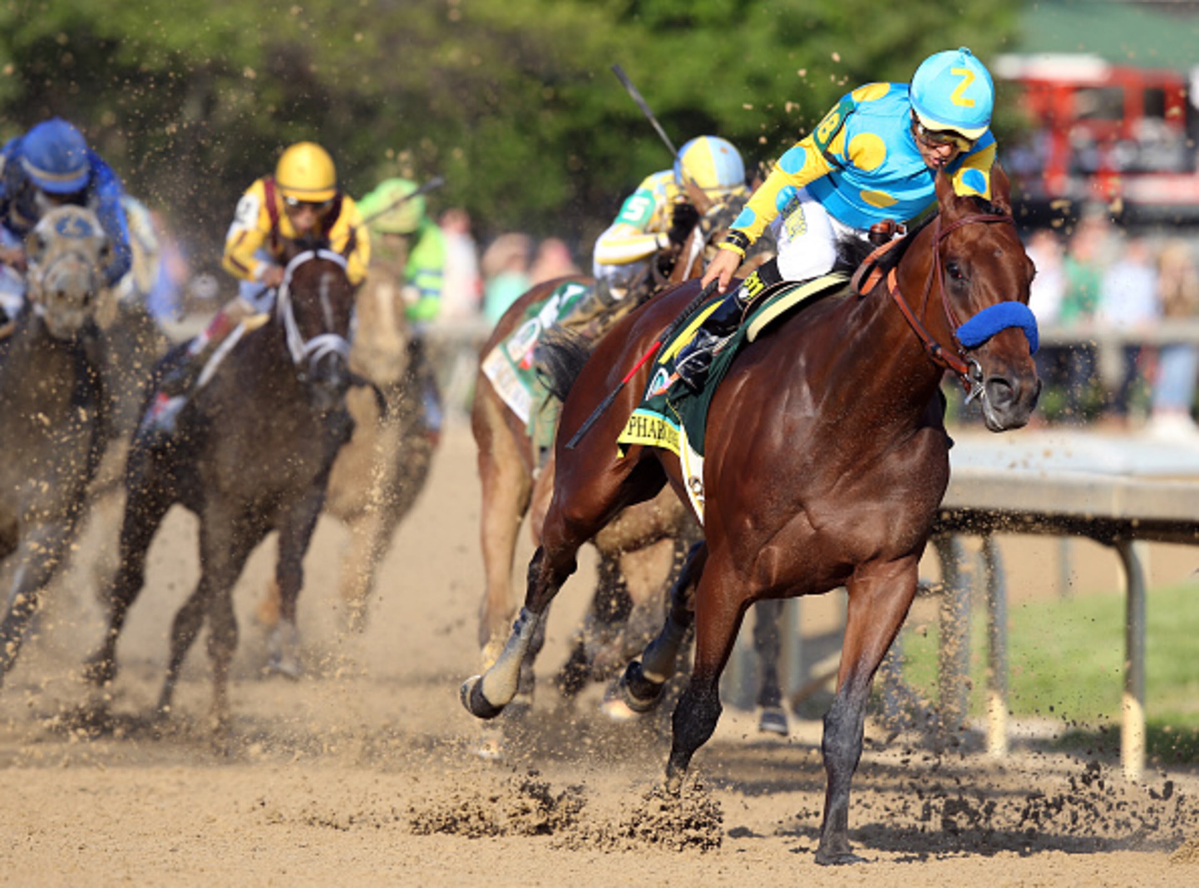LOUISVILLE, KY - MAY 02: American Pharoah #18, ridden by Victor Espinoza, comes out of turn 4 during the 141st running of the Kentucky Derby at Churchill Downs on May 2, 2015 in Louisville, Kentucky. (Photo by Andy Lyons/Getty Images)