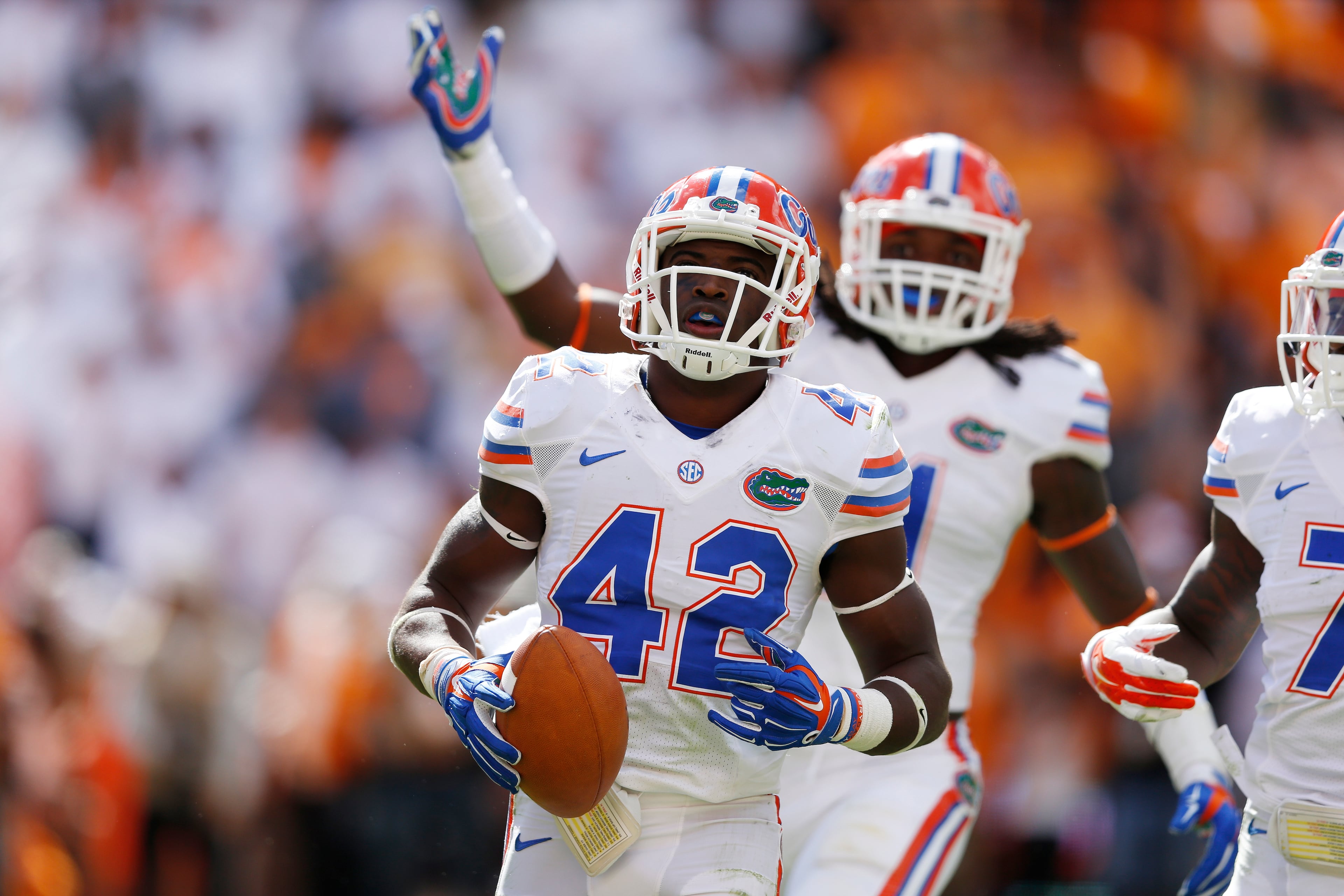 KNOXVILLE, TN - OCTOBER 4: Keanu Neal #42 of the Florida Gators celebrates after intercepting a pass late in the game against the Tennessee Volunteers at Neyland Stadium on October 4, 2014 in Knoxville, Tennessee. Florida defeated Tennessee 10-9. (Photo by Joe Robbins/Getty Images)