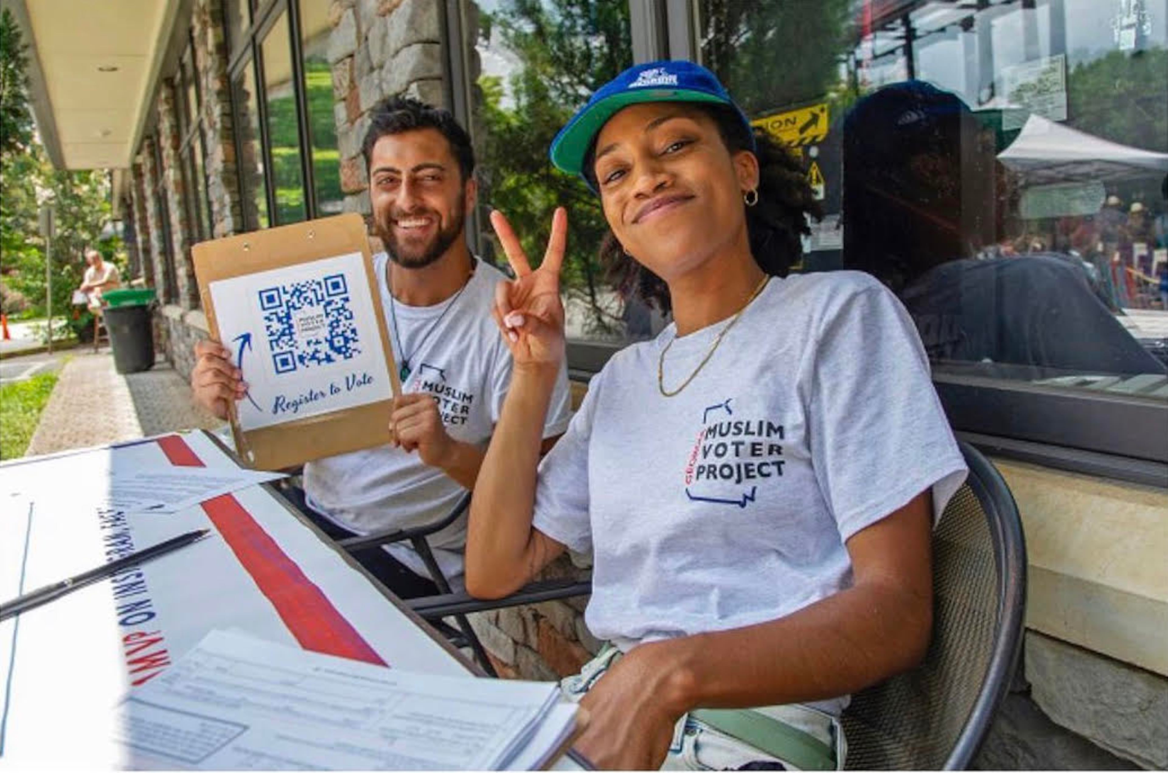 Salik Sohani and Xan-Rhea Bilal registering Muslim voters through the Muslim Voter Project. The pair were children when 9/11 took place and now work to empower Muslim Americans by encouraging them to use their political voice.