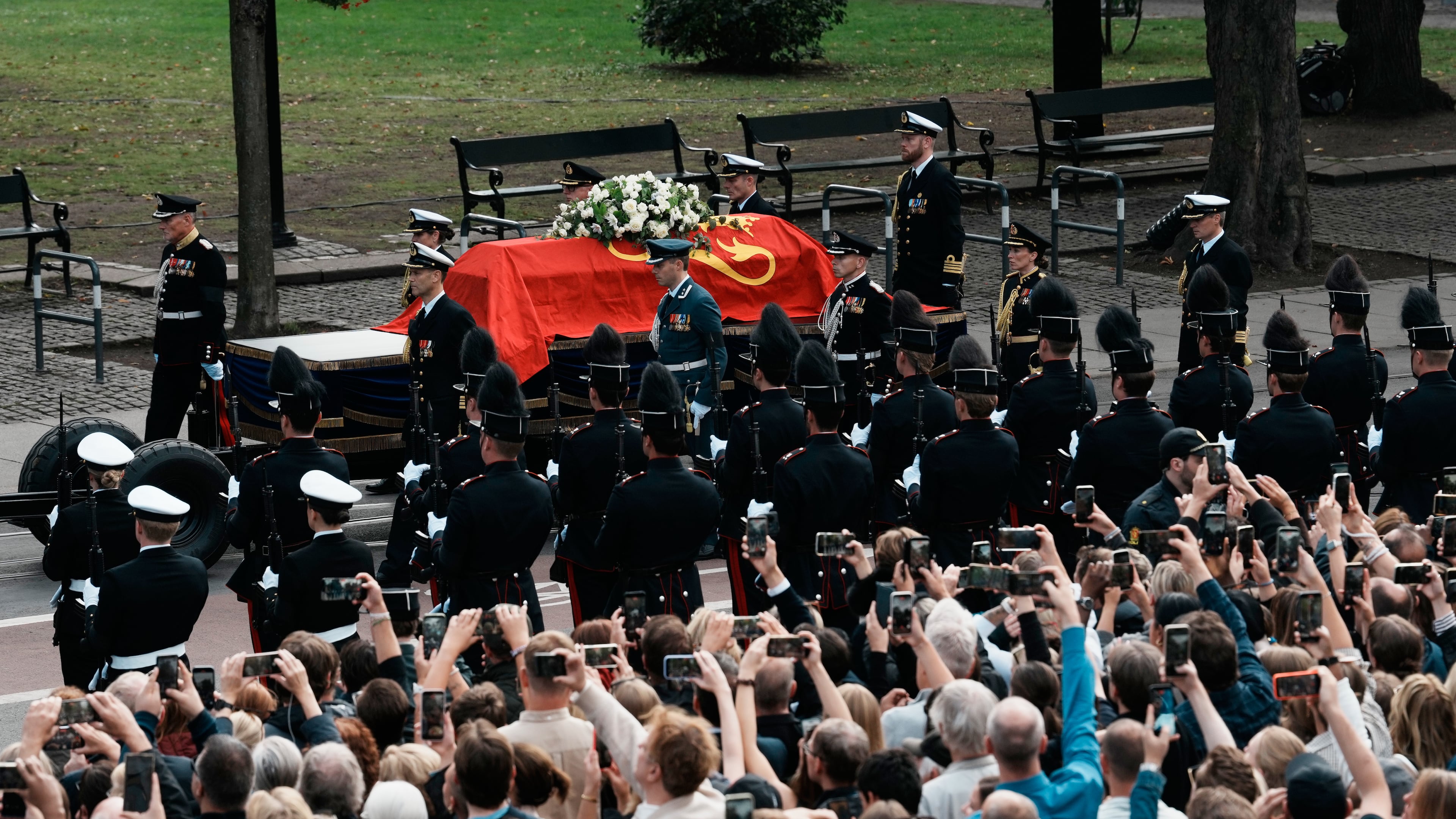 The coffin of Norway's King Harald V is followed in the procession route for his funeral as it arrives at Oslo Cathedral in Oslo, Wednesday, Sept. 9, 2026. (AP Photo/Markus Schreiber)