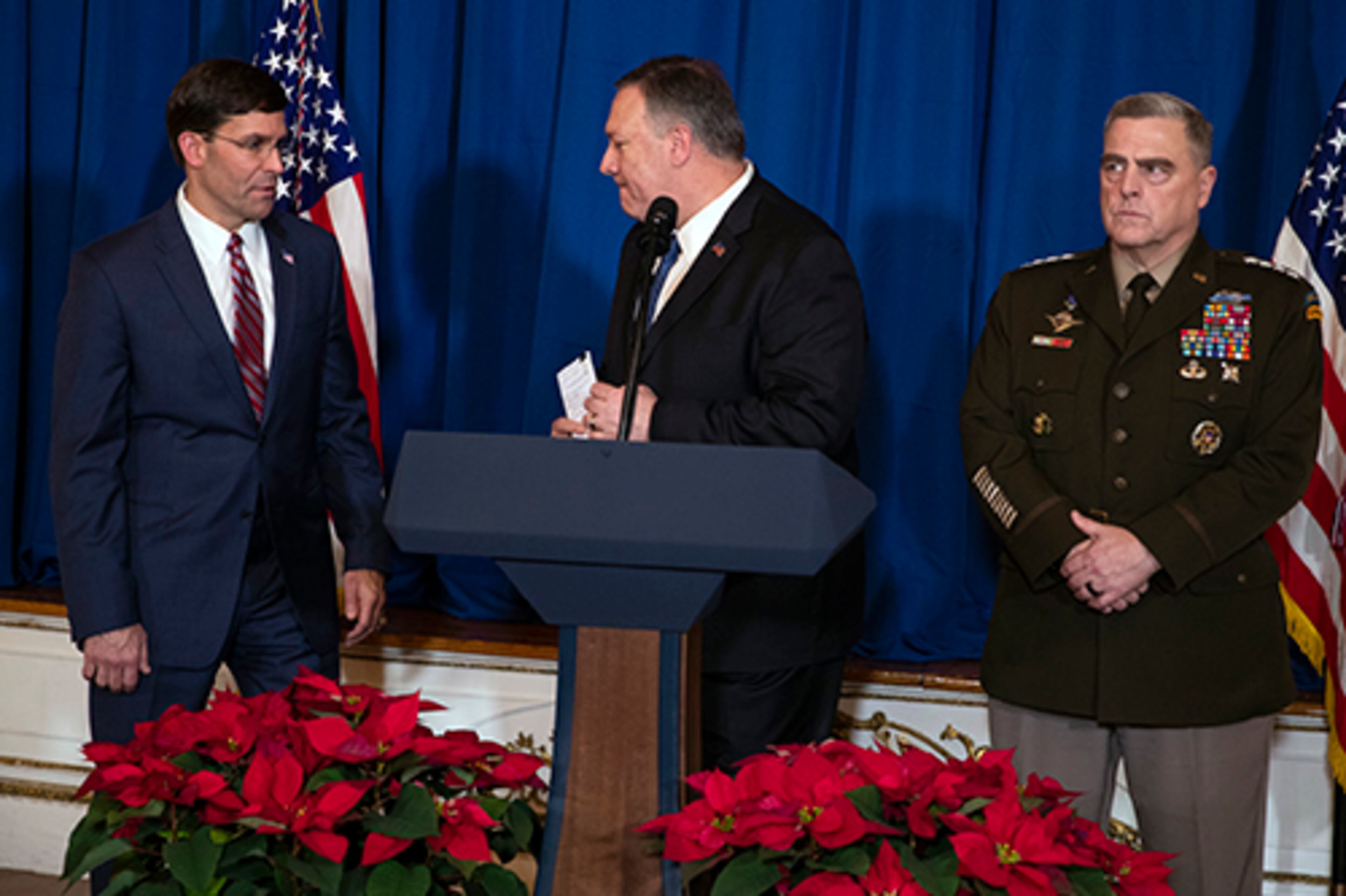 Secretary of State Mike Pompeo, center, Secretary of Defense Mark Esper, left, and Chairman of the Joint Chiefs of Staff Gen. Mark Milley had some explaining to do Monday regarding policy in Iraq.