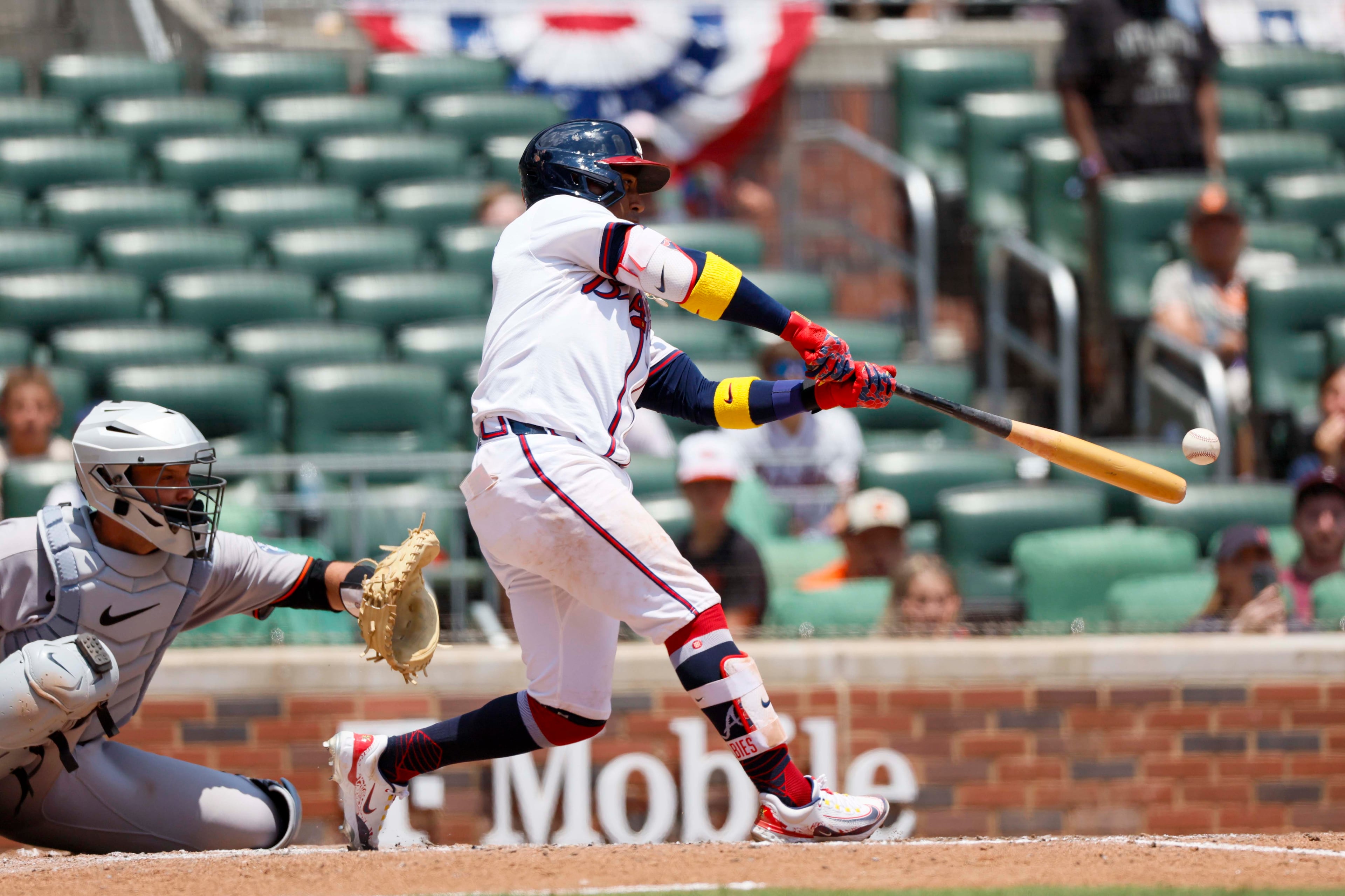 Atlanta Braves second base Ozzie Albies (1) hits a single during the ninth inning against the Baltimore Orioles at Truist Park on Sunday, July 6, 2025, in Atlanta.
(Miguel Martinez/ AJC)