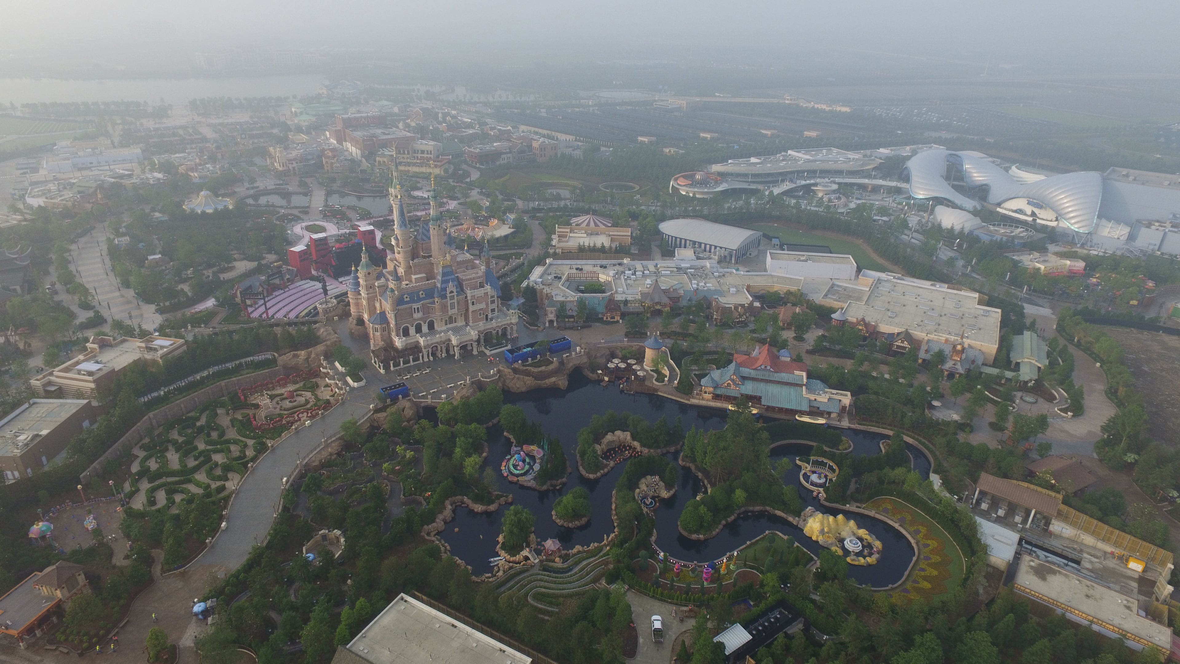 SHANGHAI, CHINA - JUNE 15: (CHINA OUT) Aerial view of the Shanghai Disney Resort is shown on June 15, 2016 in Shanghai, China. Shanghai Disney Resort would open officially on June 16. Shanghai Disney Resort was the sixth Disney Resort in the world. (Photo by VCG/VCG via Getty Images)