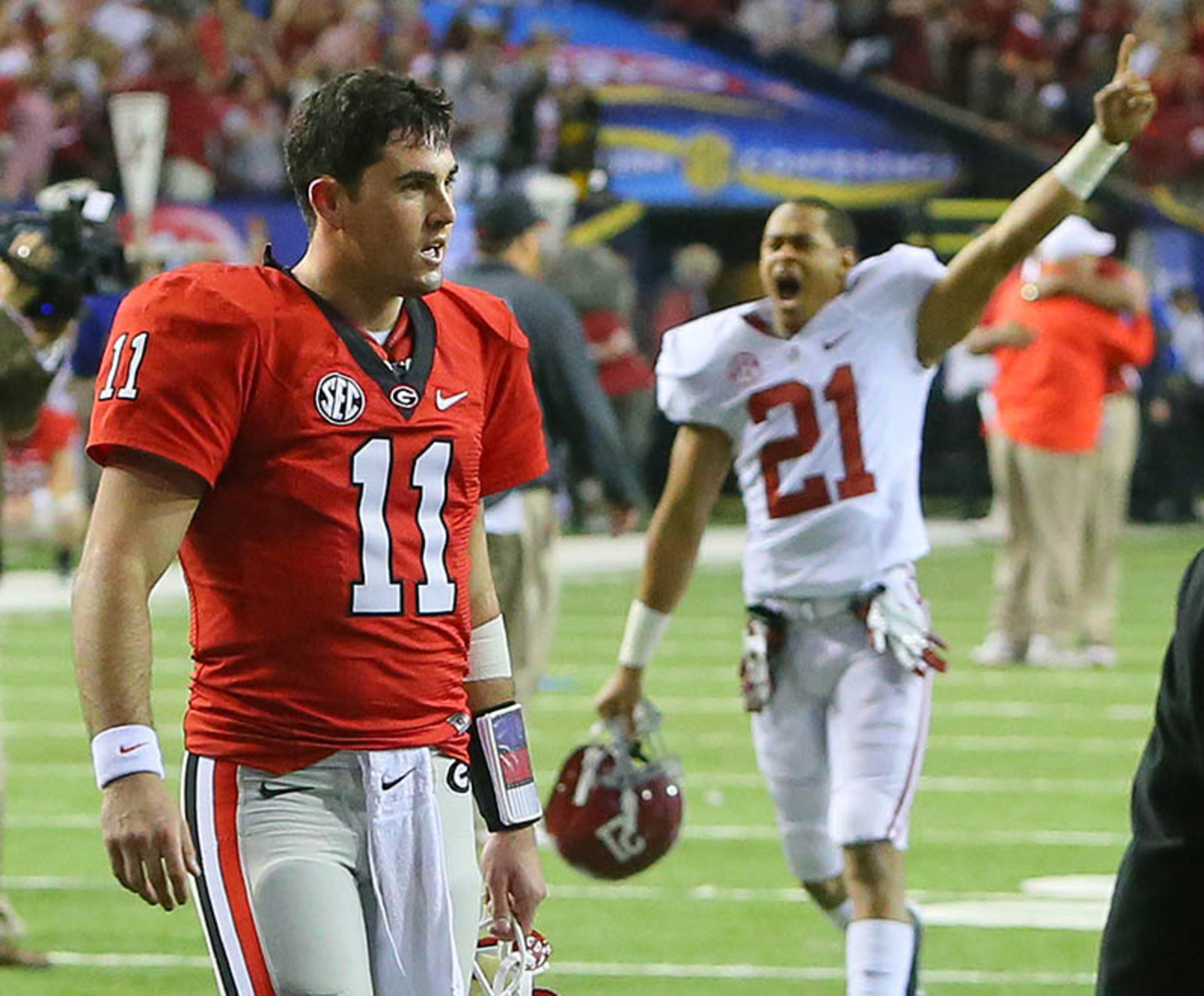 2012: Alabama 32, Georgia 28. In a game that featured defensive hits and offensive strikes, the Crimson Tide took the lead with 3 minutes left on a 45-yard touchdown pass to Amari Cooper. After an apparent interception was overruled, Georgia's Aaron Murray drove the Bulldogs to the Crimson Tide's 8-yard line in a blitz to score. With 9 seconds to go and no time outs left, Murray attempted a pass into the corner but it was deflected at the line and ended in the arms of Chris Conley out in the right flats. Surprised he slipped at the 5 and Georgia was unable to get off another play. Alabama went on to win the National Championship.