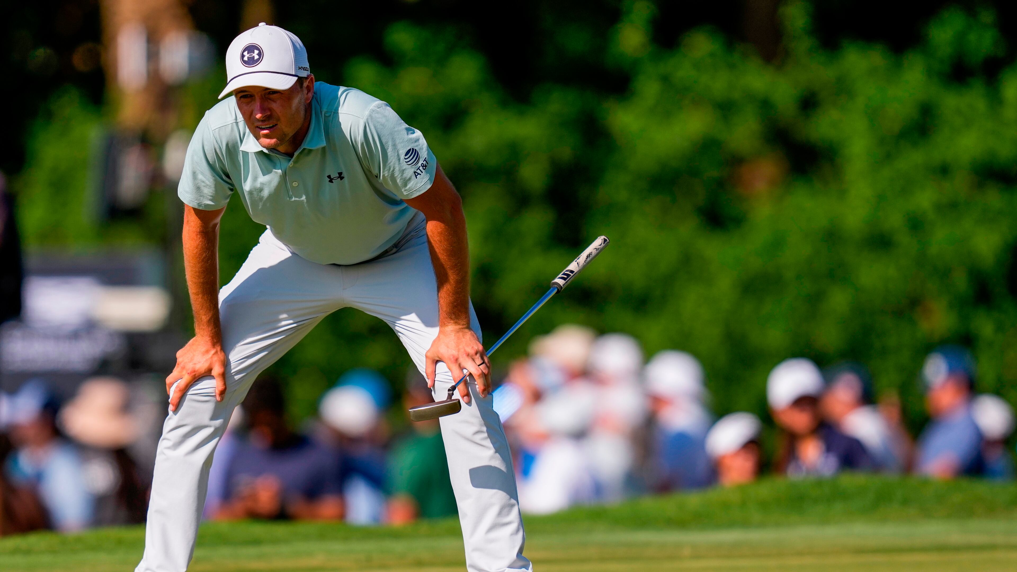 Jordan Spieth lines up his shot on the 11th green during the second round of the Cadillac Championship PGA golf tournament Friday, May 1, 2026, in Doral, Fla. (AP Photo/David J. Phillip)