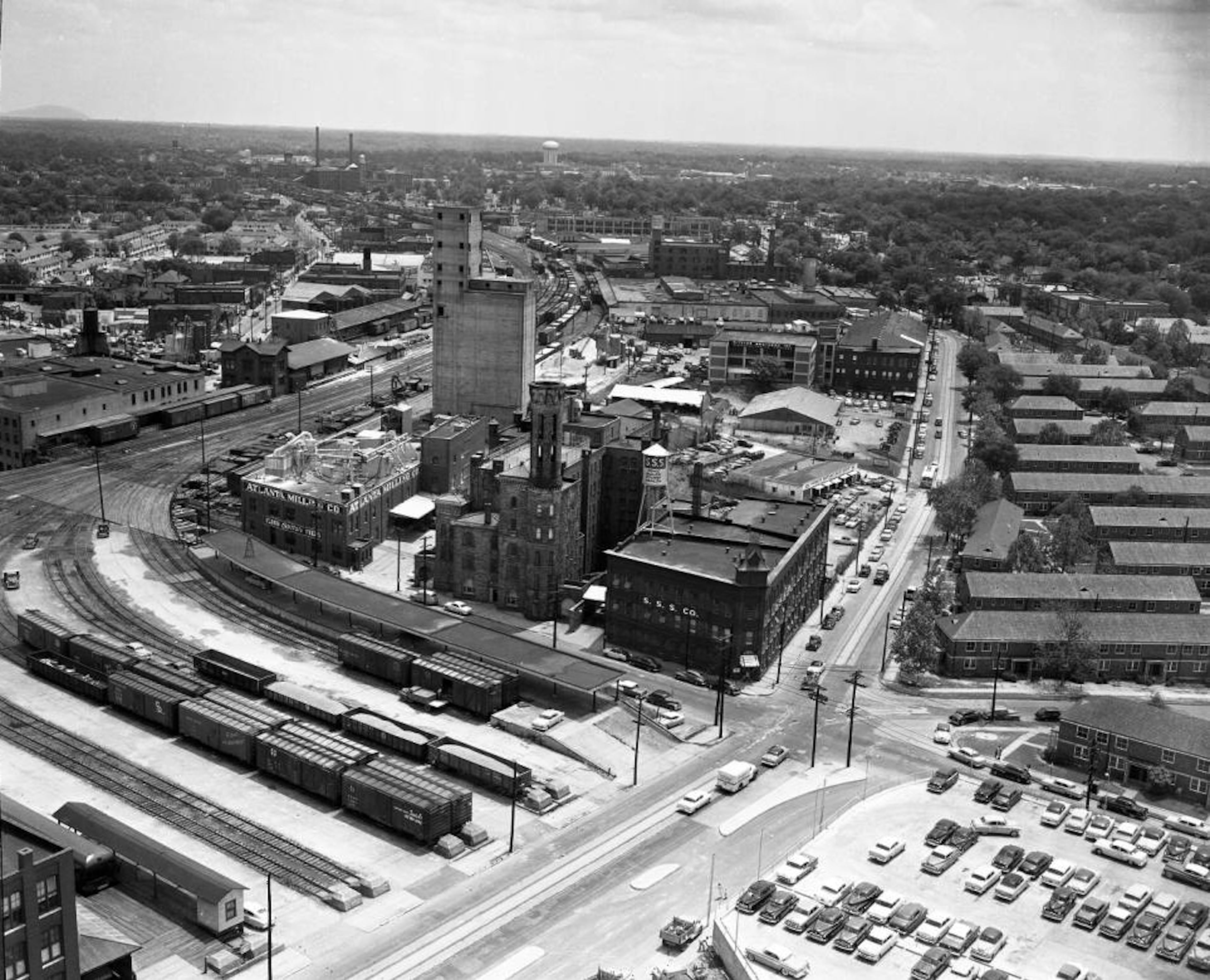 View of Atlanta looking northeast towards Fulton Tower Jail and Cabbagetown. Taken from the roof of the Georgia State Capitol, October 1950.