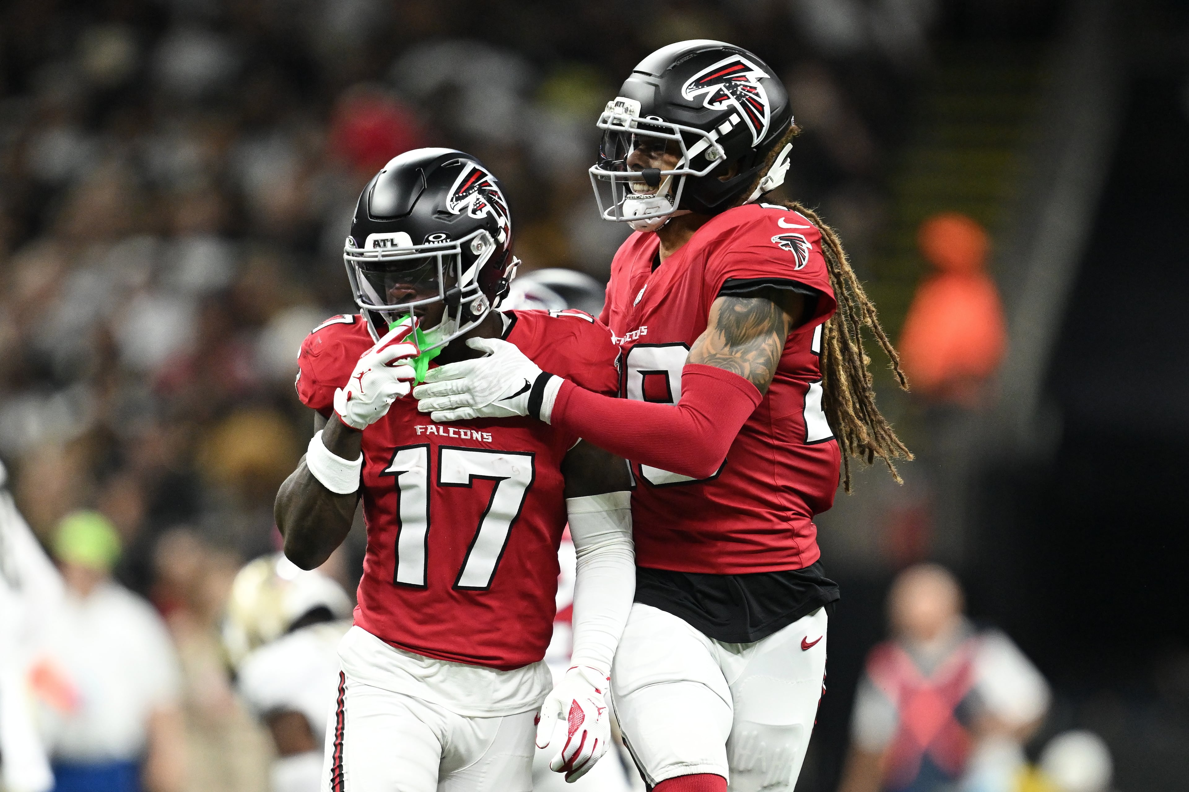Atlanta Falcons' Zachariah Branch (left) celebrates with Mike Ford Sr. during the first half of an NFL football game against the New Orleans Saints in New Orleans, Monday, Oct. 5, 2026. (Ella Hall/AP)