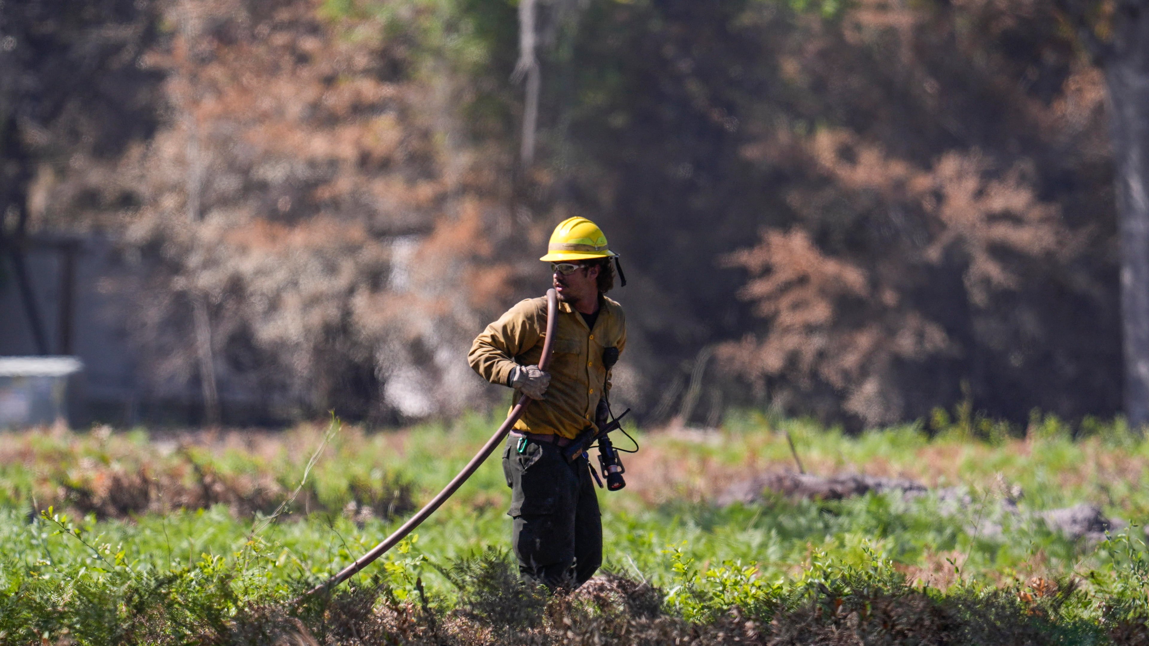 A firefighter works the Brantley Highway 82 fire, Thursday, April 23, 2026, near Nahunta, Ga. (AP Photo/Mike Stewart)