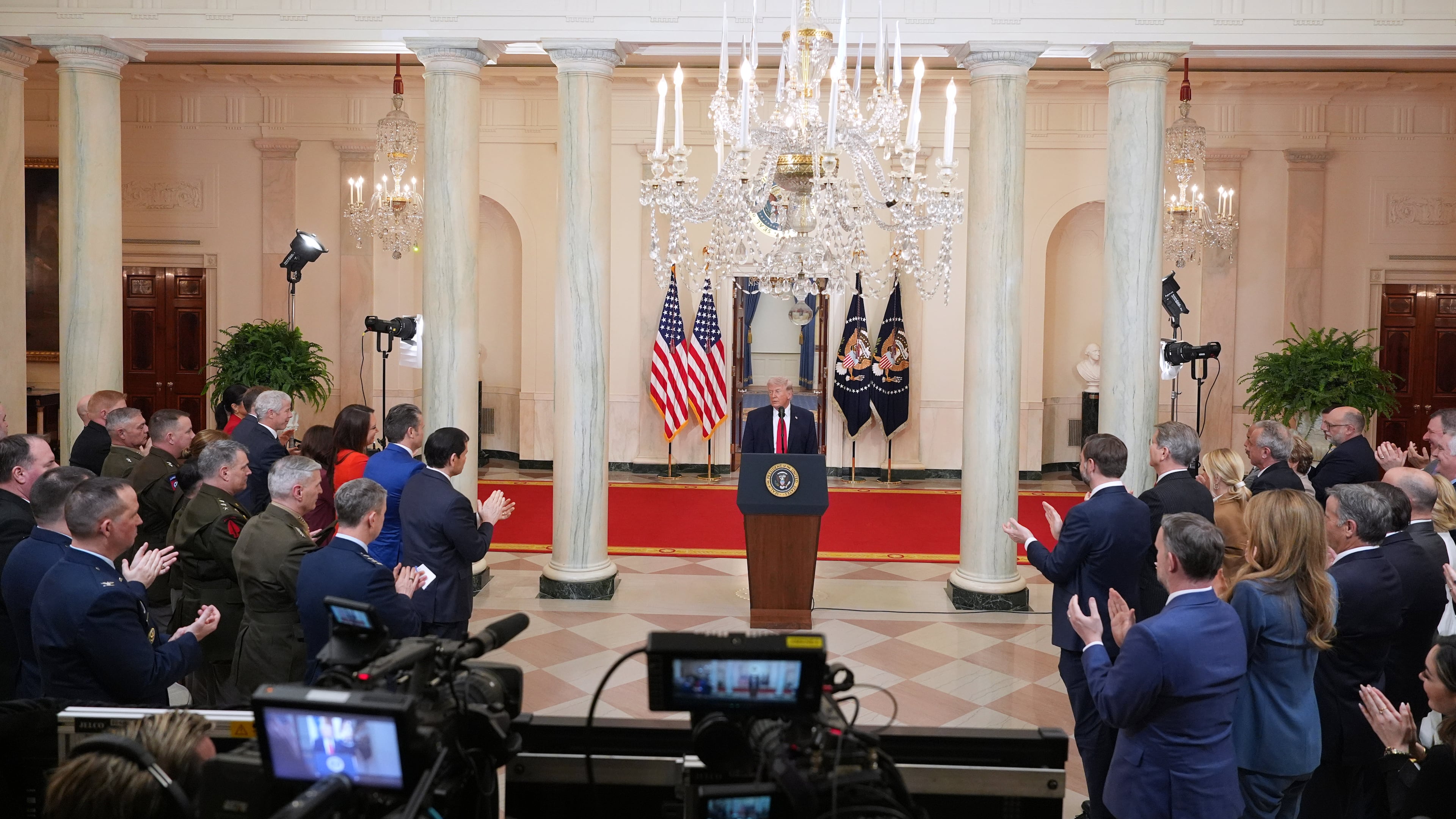 President Donald Trump concludes his speech about the Iran war from the Cross Hall of the White House on Wednesday, April 1, 2026, in Washington. (Alex Brandon/AP Pool)