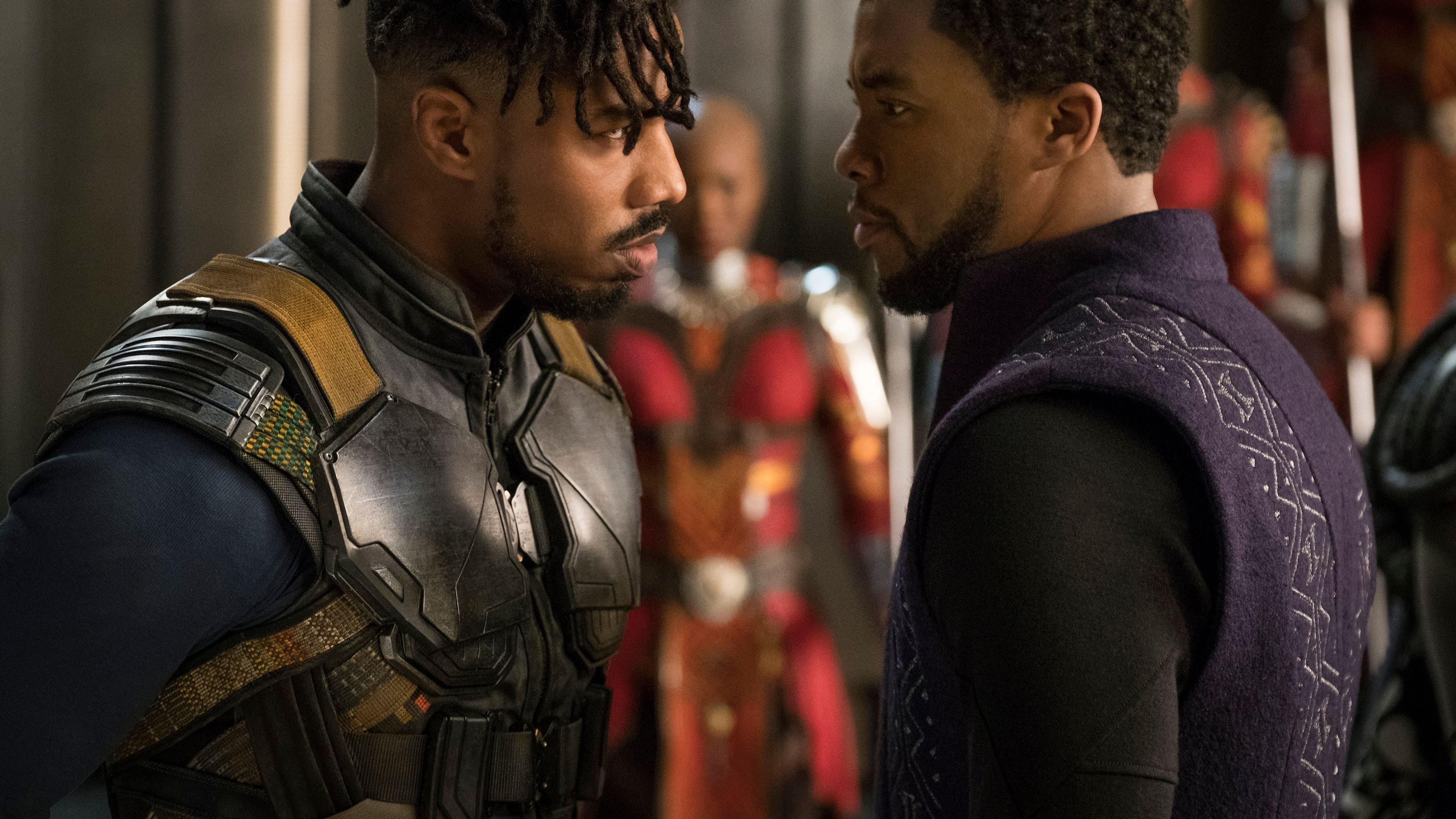 Erik Killmonger (Michael B. Jordan) and T'Challa/Black Panther (Chadwick Boseman) don't see eye to eye on Wakanda's future in "Black Panther."