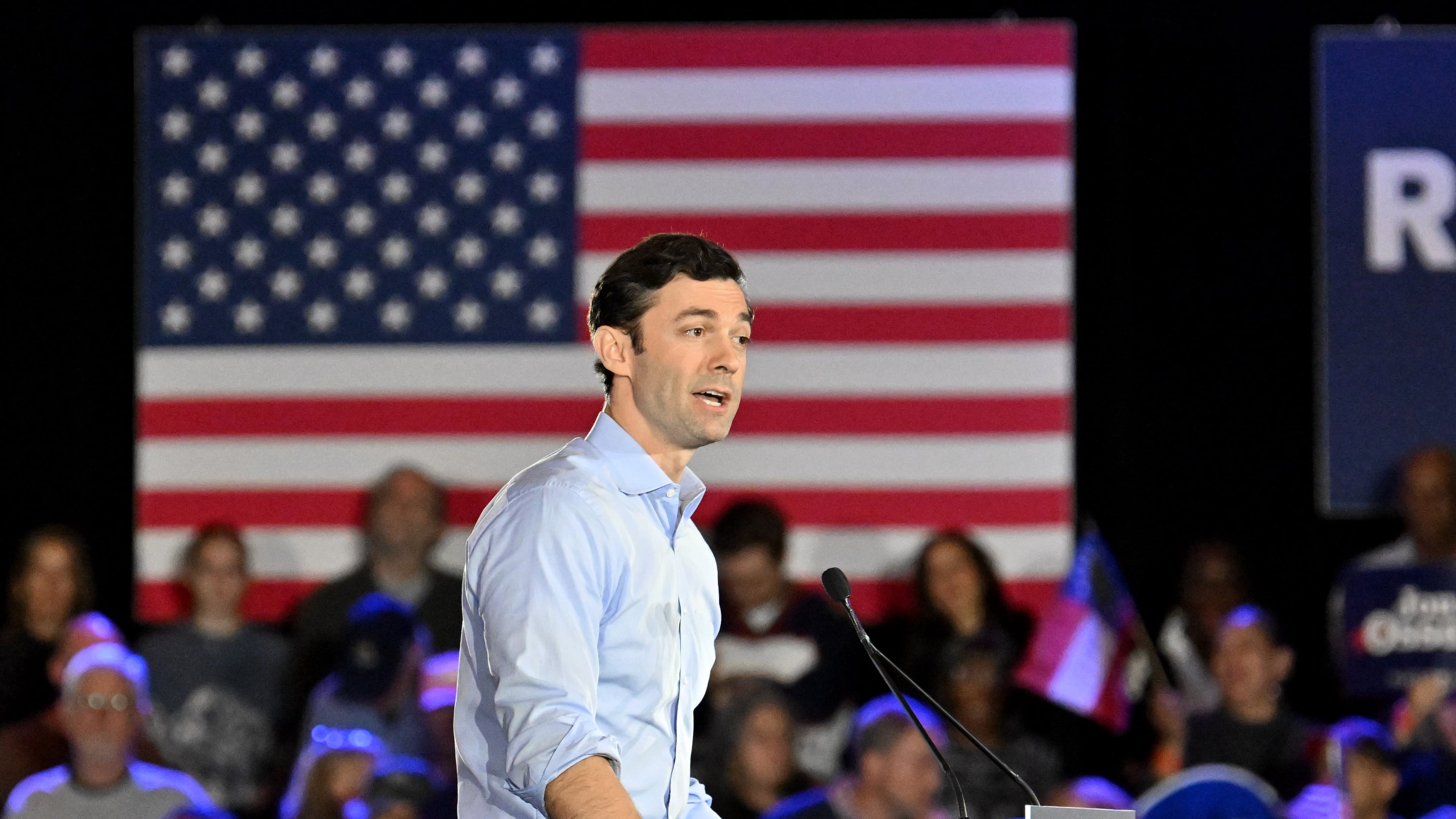 U.S. Sen. Jon Ossoff speaks during a rally at College Park's Georgia International Convention Center in February. (Hyosub Shin/AJC)