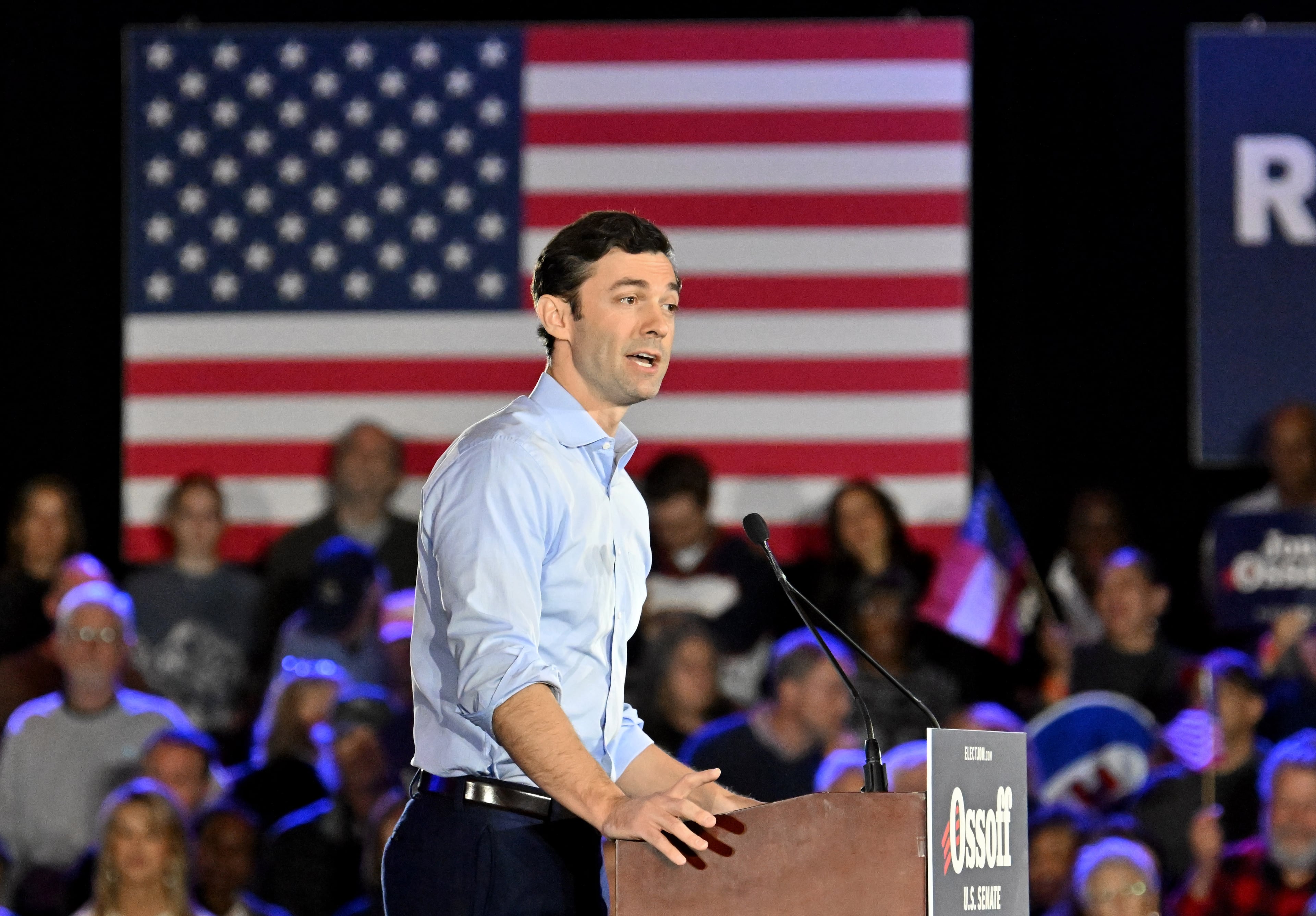 U.S. Sen. Jon Ossoff speaks during a rally at the Georgia International Convention Center in February. (Hyosub Shin/AJC)
