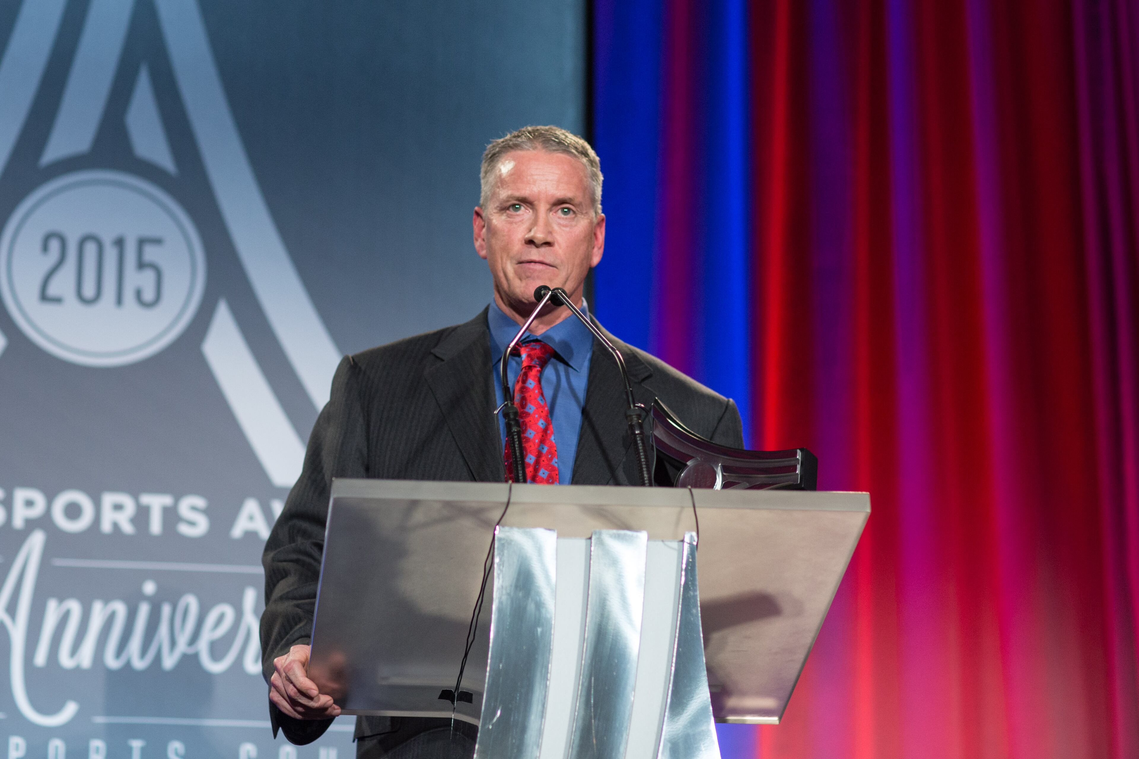Former Braves pitcher and Major League Hall of Famer Tom Glavine speaks after receiving the Lifetime Achievement Award presented by Coca-Cola during the 10th annual Atlanta Sports Awards held at the Fox Theatre, Thursday, March 5, 2015, in Atlanta. (SPECIAL/BRANDEN CAMP)