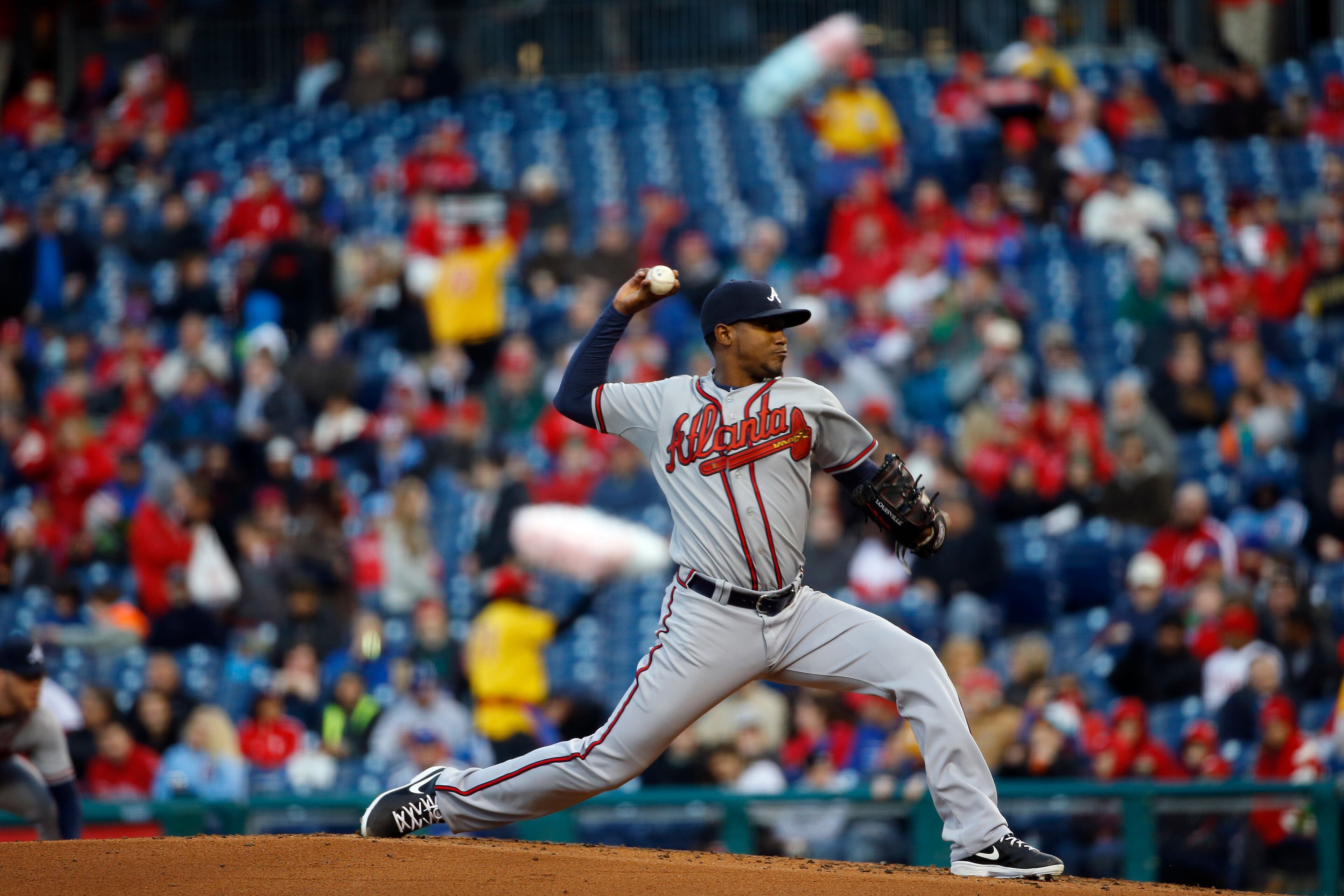Atlanta Braves' Julio Teheran in action during a baseball game against the Philadelphia Phillies, Wednesday, April 16, 2014, in Philadelphia. (AP Photo/Matt Slocum)