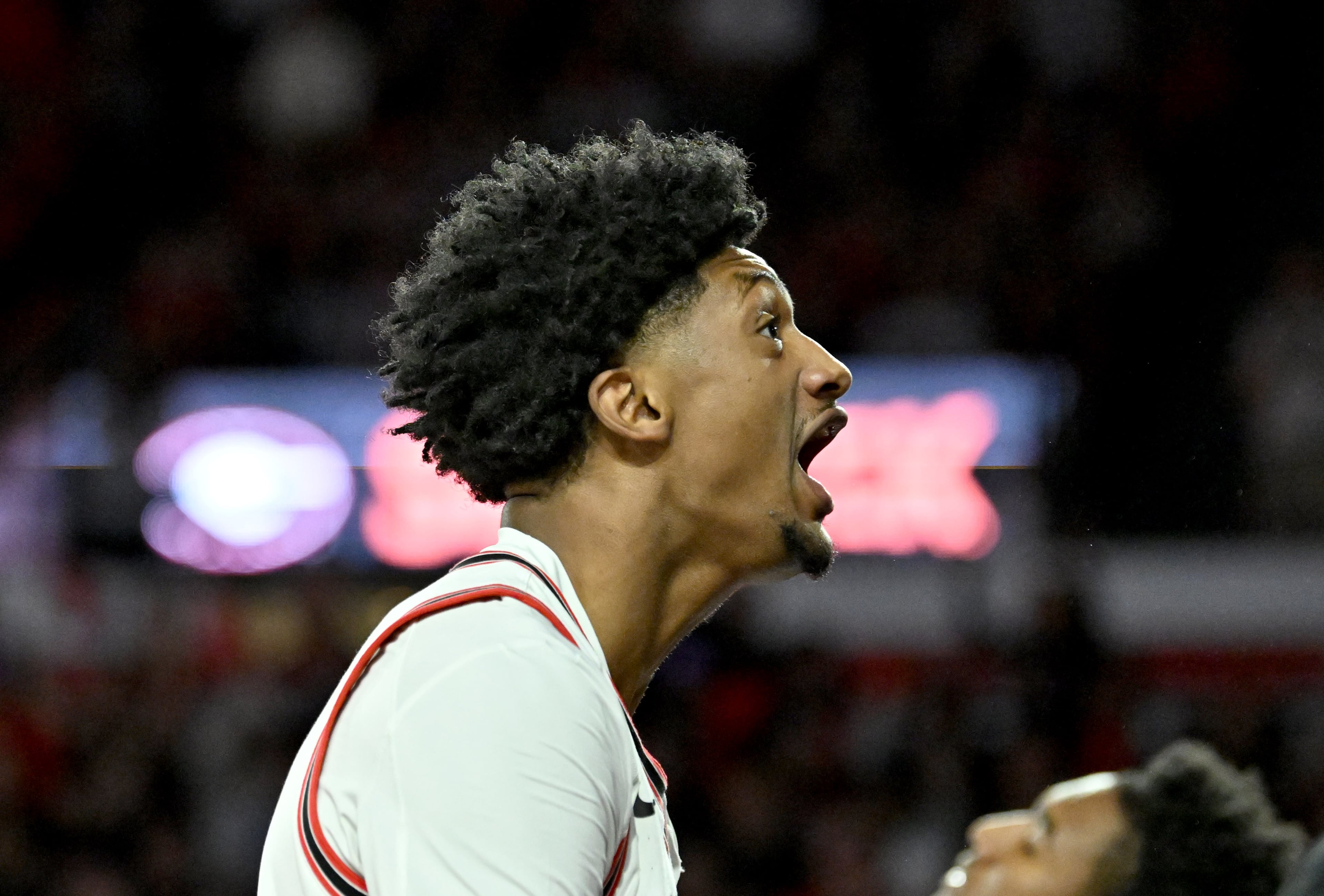 Georgia forward Jake Wilkins reacts after scoring during the first half in an NCAA college basketball game at Stegeman Coliseum, Saturday, Jan. 17, 2026, in Athens. (Hyosub Shin/AJC)