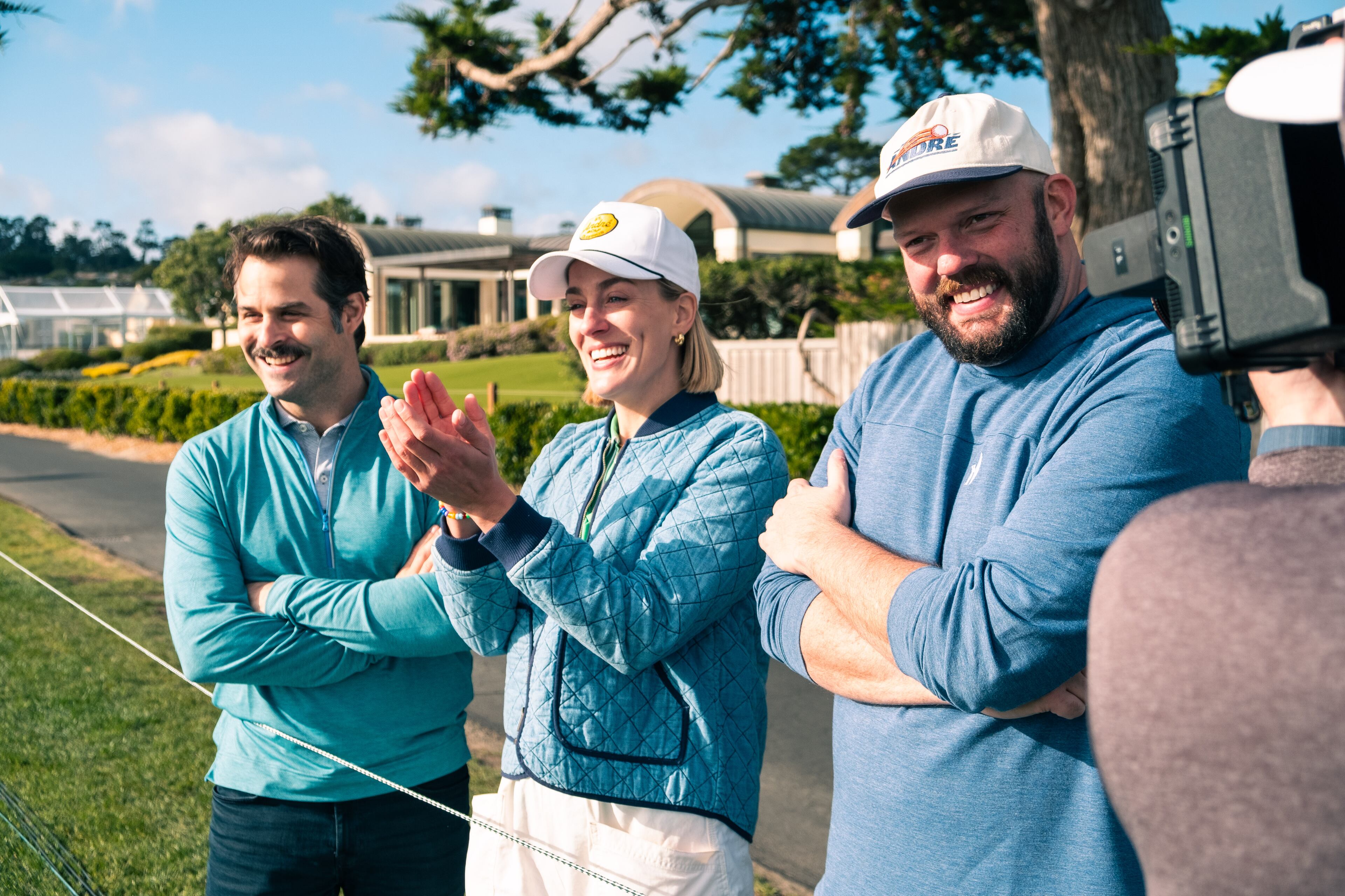 Jonathon Pawlowski (from left) and Hannah Aslesen were recruited by Aaron Chewning after he created St. Andre Golf in 2022. “They had no idea what they were getting into," Chewning said, "but they were down to make funny stuff with friends.” (Courtesy of Billy Stahlmann)