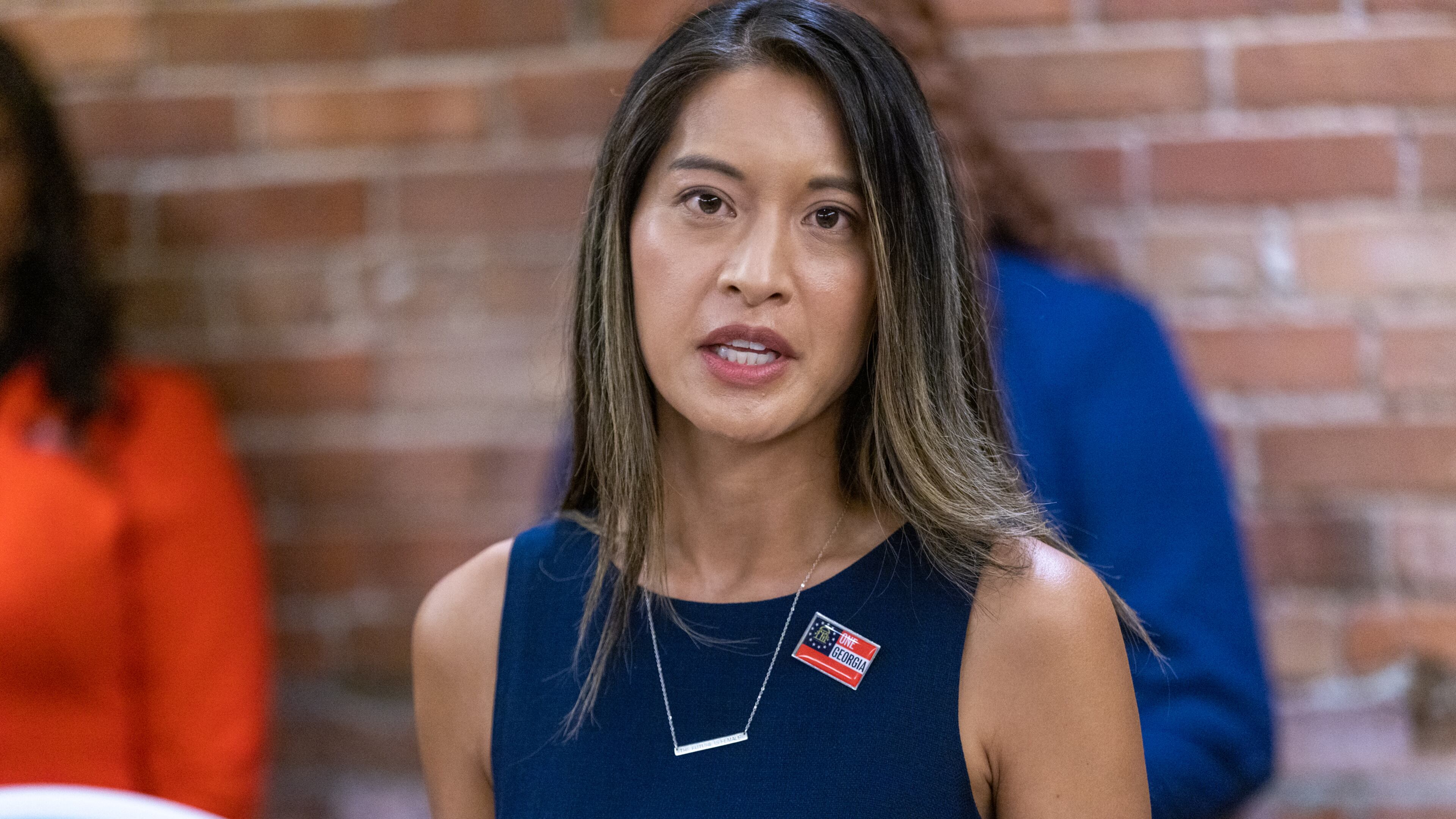 Bee Nguyen, running for Secretary of State, speaks to the press at the Democratic Party of Georgia’s State Convention in Columbus, Georgia, Saturday, August 27, 2022. Schaefer/steve.schaefer@ajc.com)