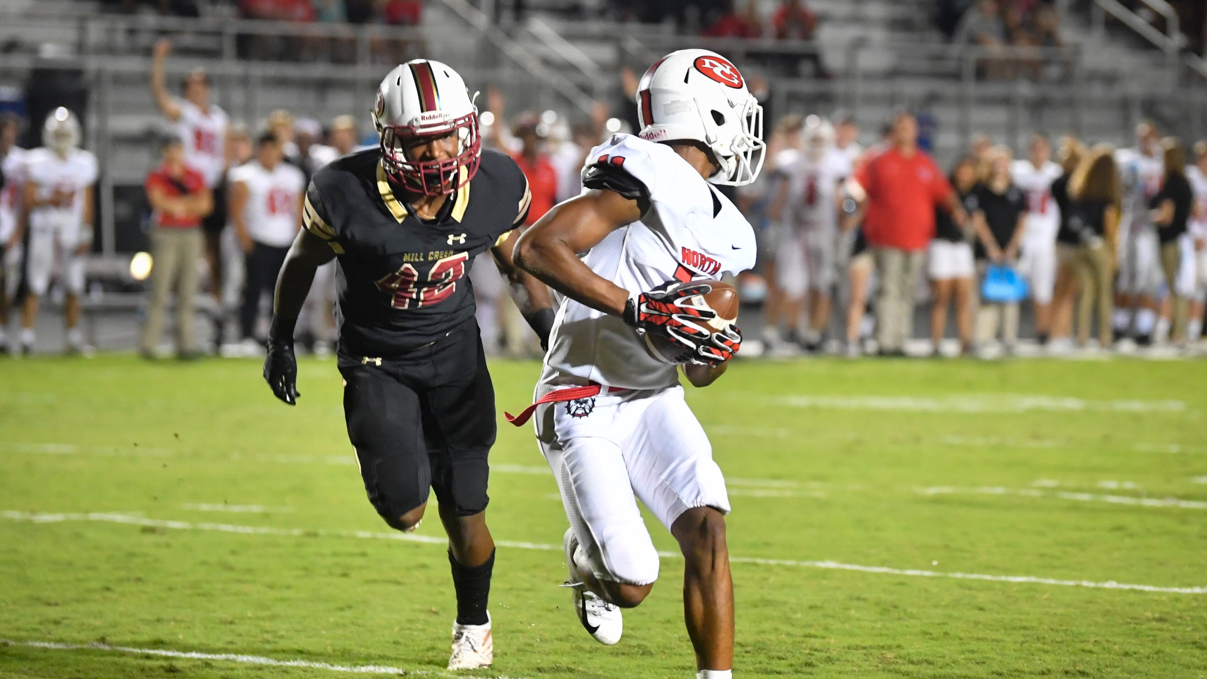 North Gwinnett WR Josh Downs catches a pass in the endzone as Mill Creek's Caleb Downs defends during Friday's game in Hoschton. (John Amis/Special)