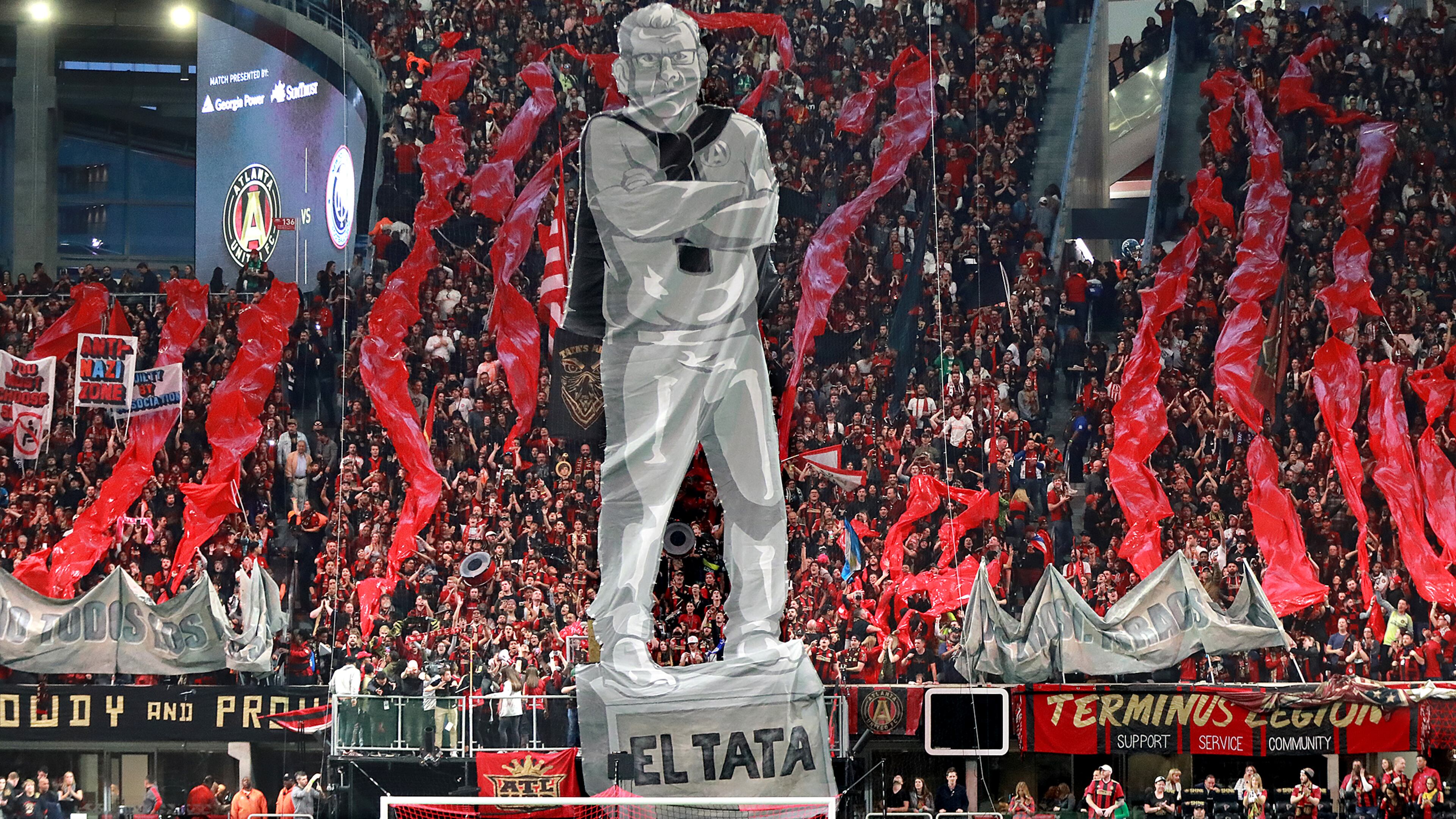 Nov 11, 2018 Atlanta: Atlanta United fans raise a tifo of head coach Gerardo Martino to start the game against New York City during the first half in their MLS Eastern Conference Semifinal playoff match on Sunday, Nov. 11, 2018, in Atlanta. Curtis Compton/ccompton@ajc.com