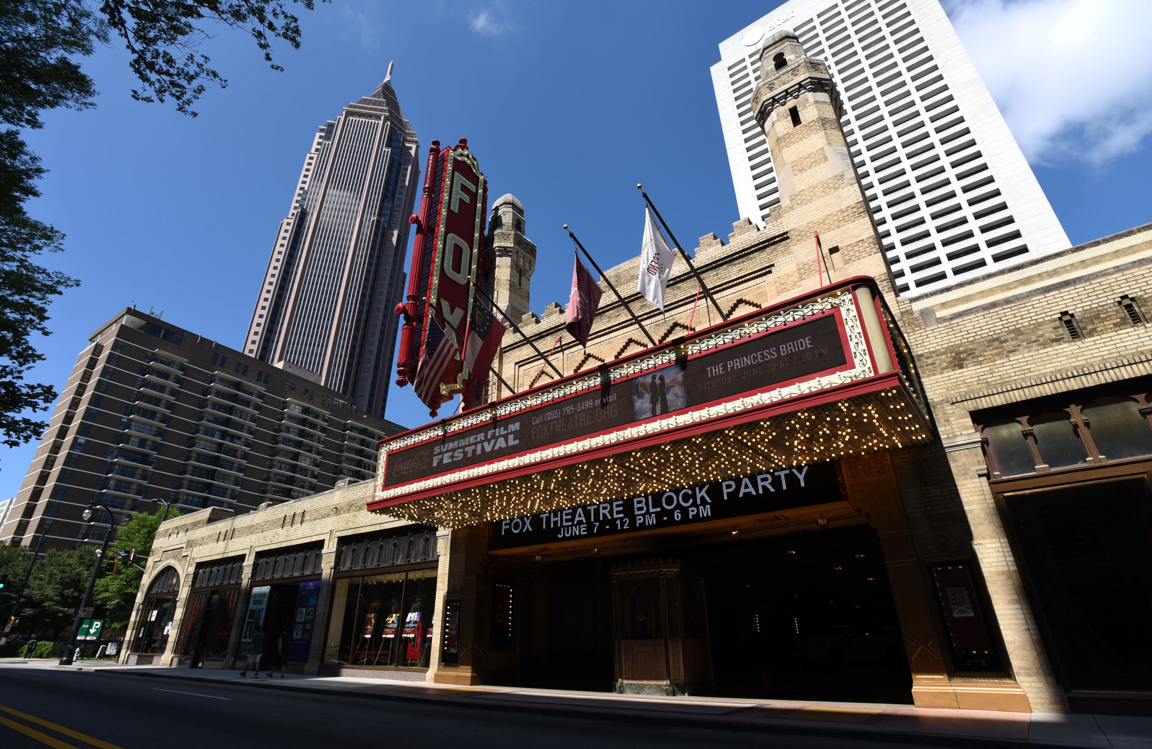 June 2, 2015 Atlanta - Exterior of the Fox Theatre on Tuesday, June 2, 2015. Feature on the Fox Theatre, completing its 40th anniversary celebration of its saving with the free Fox Block Party outside and inside the landmark on June 7. HYOSUB SHIN / HSHIN@AJC.COM