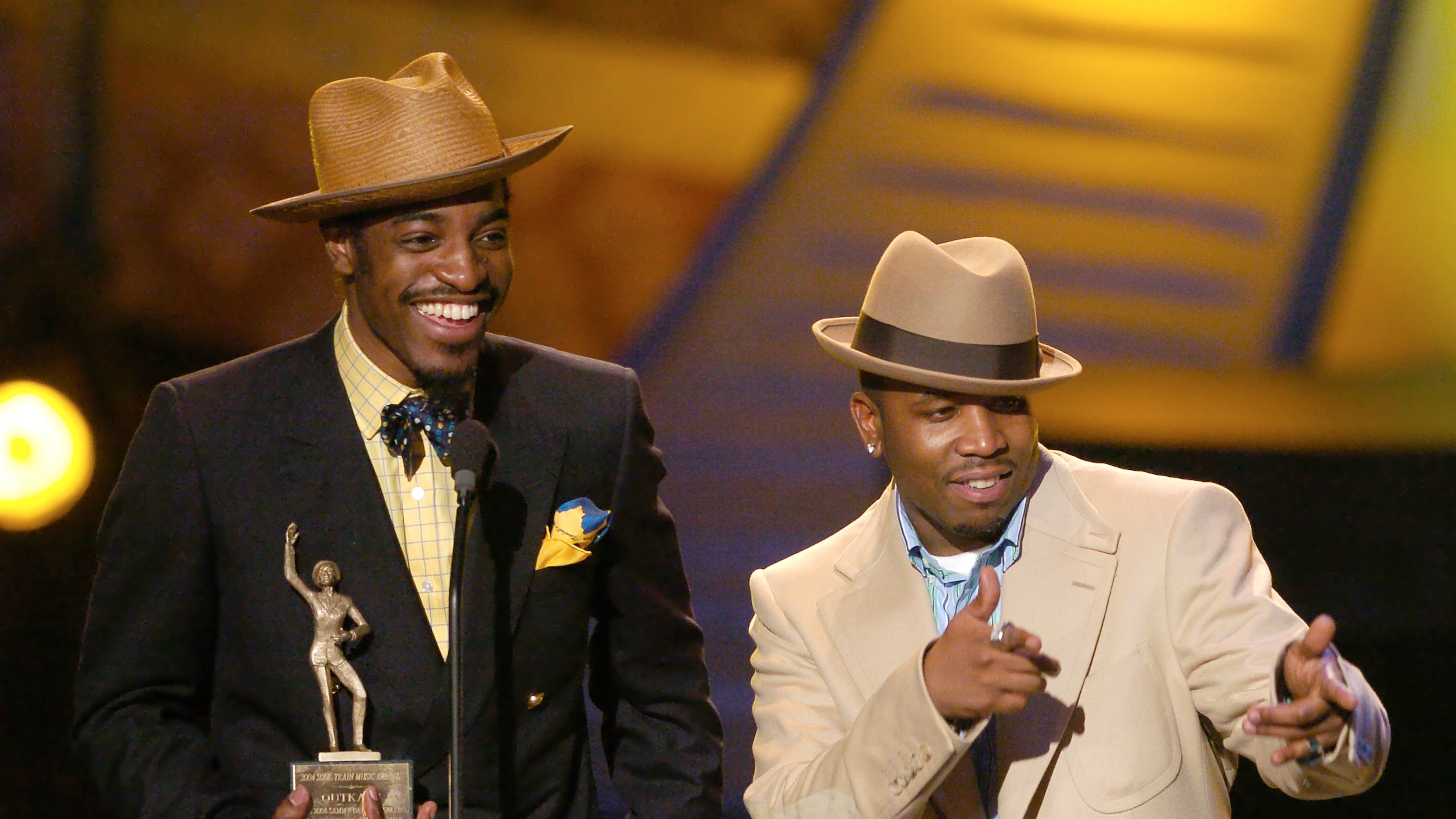 Outkast members André 3000 (left) and Big Boi accept the 2004 Sammy Davis Jr. Award for “Entertainer of the Year, Male″ at the Soul Train Music Awards on Saturday, March 20, 2004, in Los Angeles. The pioneering Atlanta hip-hop duo is set to be inducted into the Rock & Roll Hall of Fame this Saturday. (Mark J. Terrill/AP 2004)