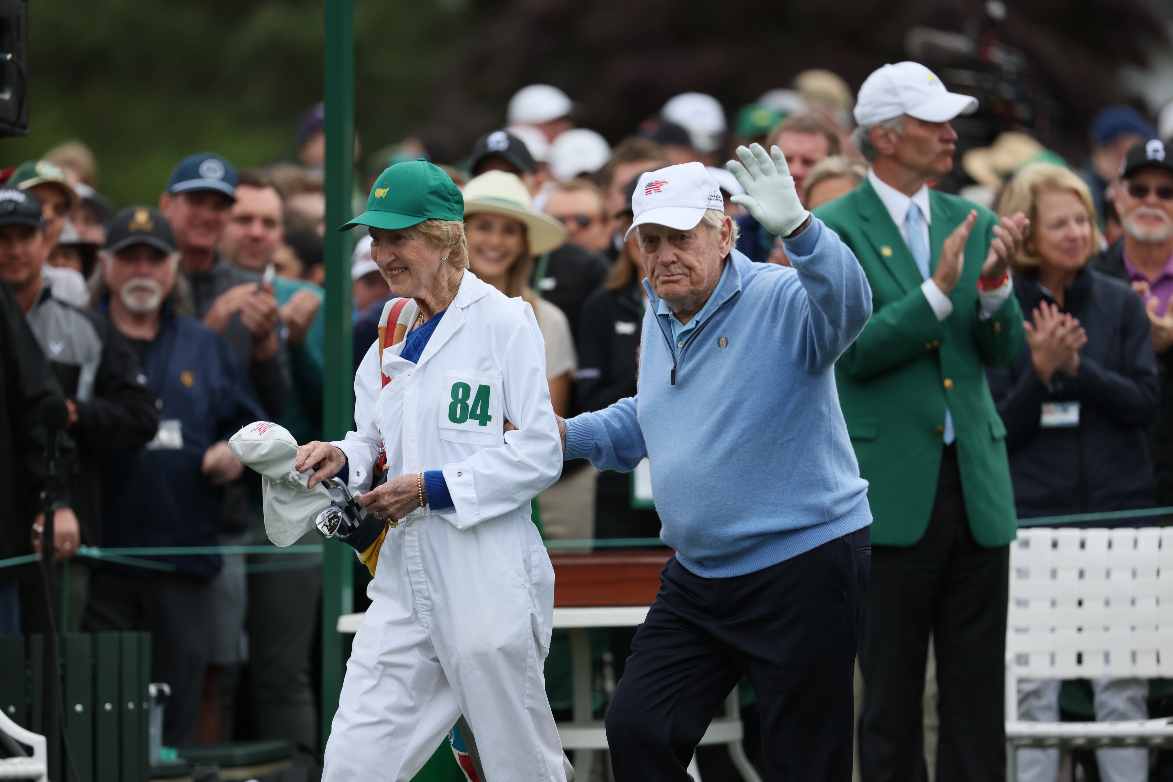 Honorary Starter Jack Nicklaus and wife Barbara at the 2024 Masters Tournament at Augusta National Golf Club, Thursday, April 11, 2024, in Augusta, Ga. Jason Getz / Jason.Getz@ajc.com)