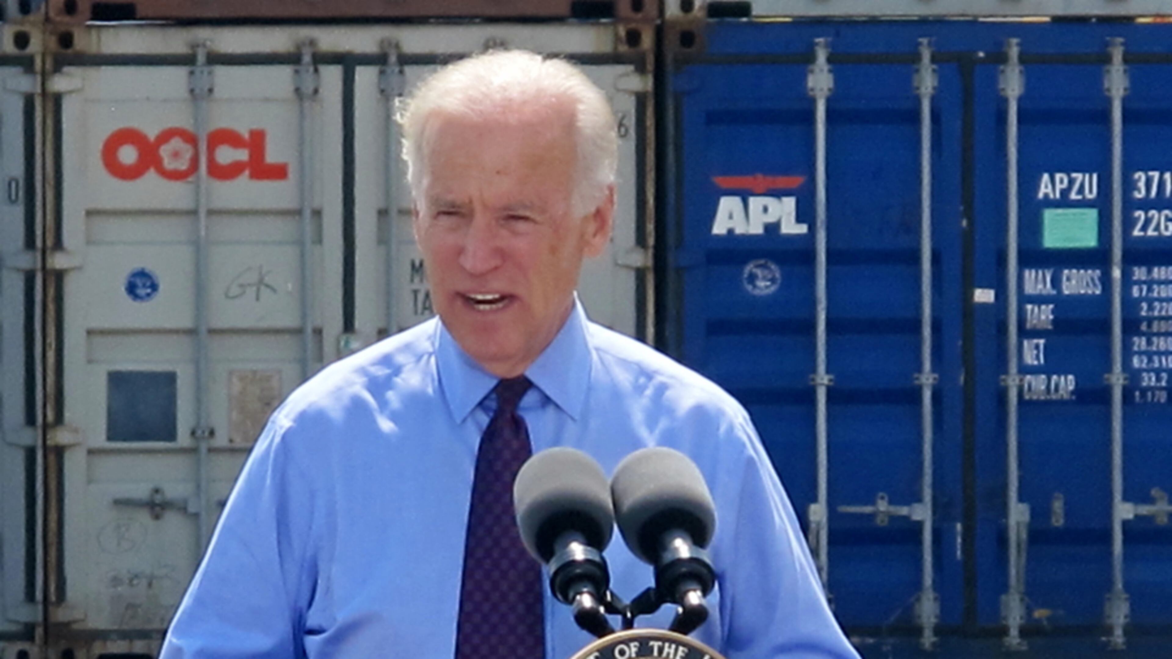 Vice President Joe Biden speaks during a visit to the Port of Charleston in Charleston, S.C., on Monday, Sept. 16, 2013. Biden also visited the Port of Savannah, saying of deepening the Savannah River channel, “We are going to get this done, as my grandfather would say, come hell or high water.”